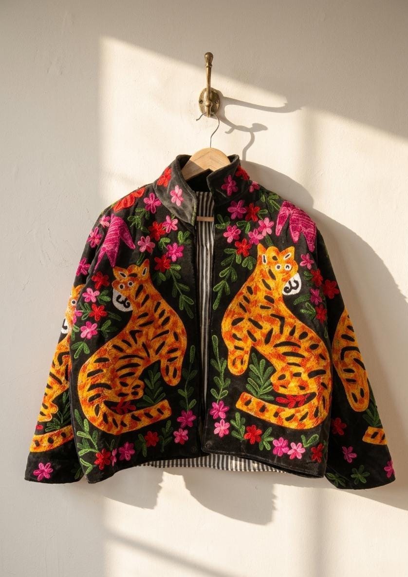 Handmade Velvet Suzani Jacket | Tiger Floral Embroidery Jacket  | Bohemian Coat | Warm Winter Coat | Artisanal Outerwear | Gift For Her