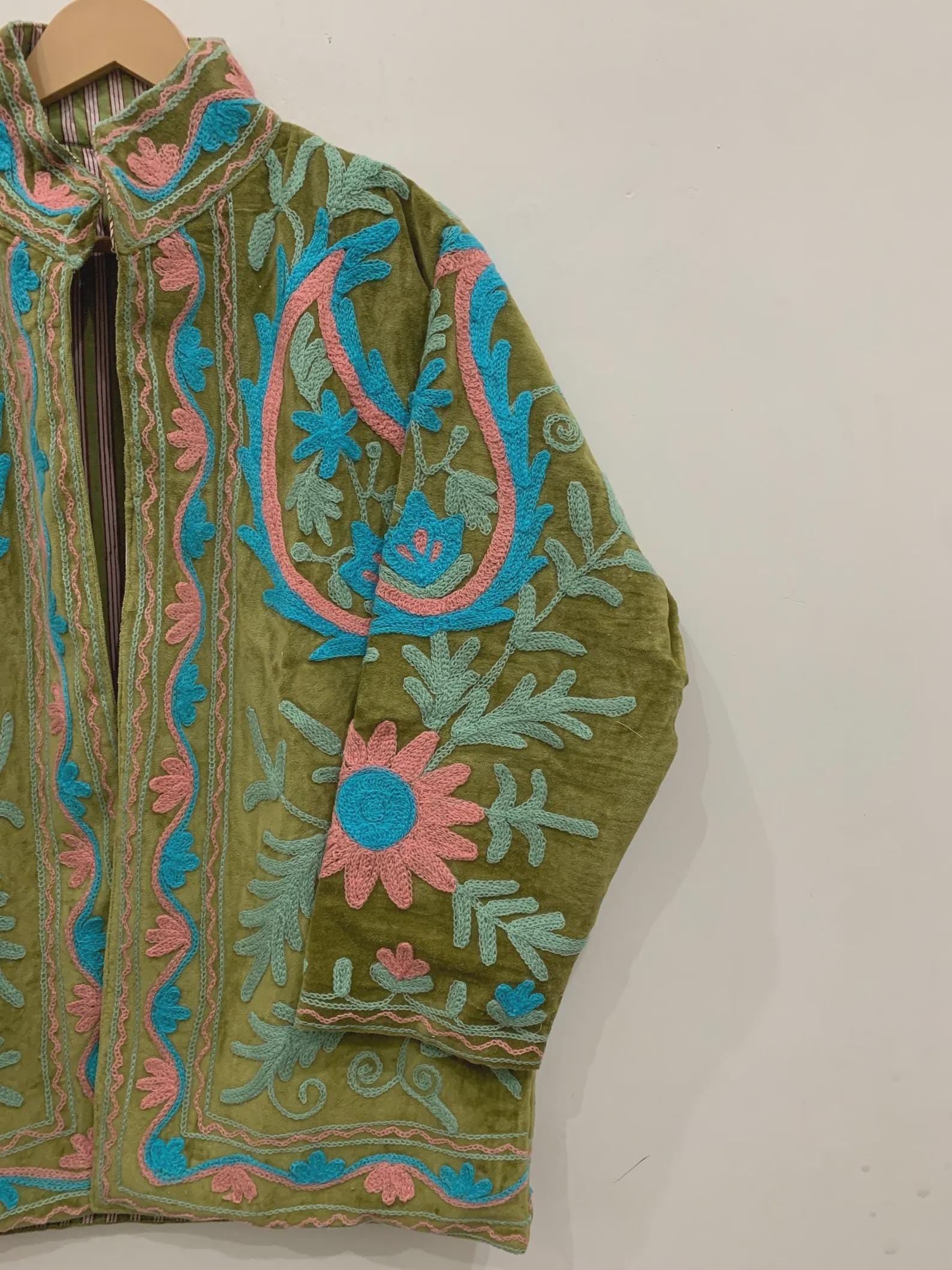 Bohemian Suzani Kimono Jacket | Oversized Velvet Embroidered Coat | Vintage Inspired Outerwear | Cropped Jacket | Winter Wear Jacket | Gift