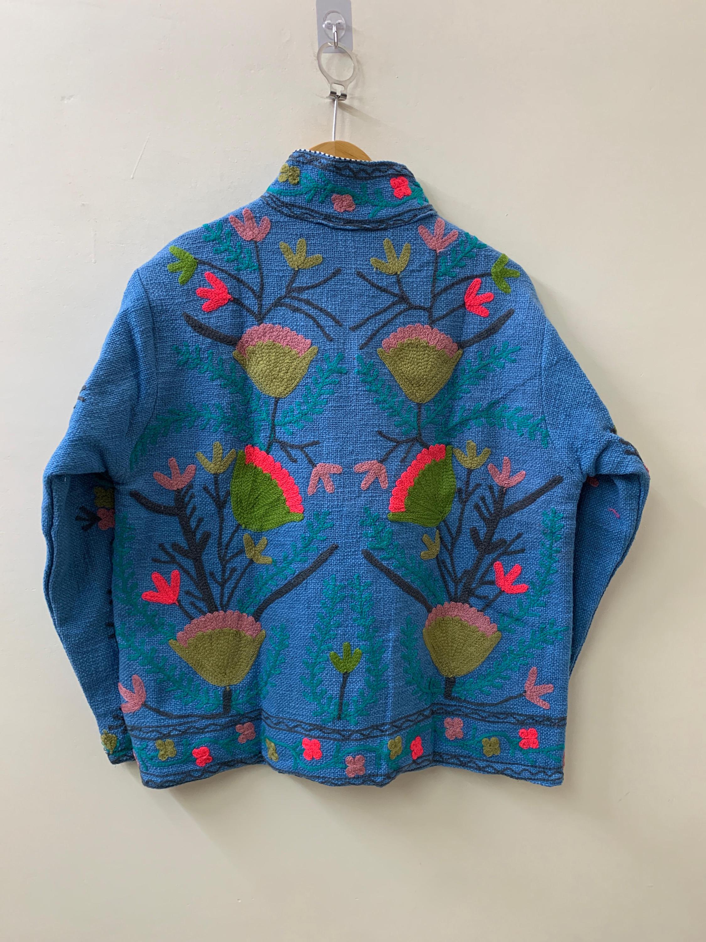 Blue Suzani TNT Fabric Short Spring Jacket | Duster TNT Jacket | Button Winter Outerwear Jacket |Spring Bomber Coat| Gift For Her | TNT Coat