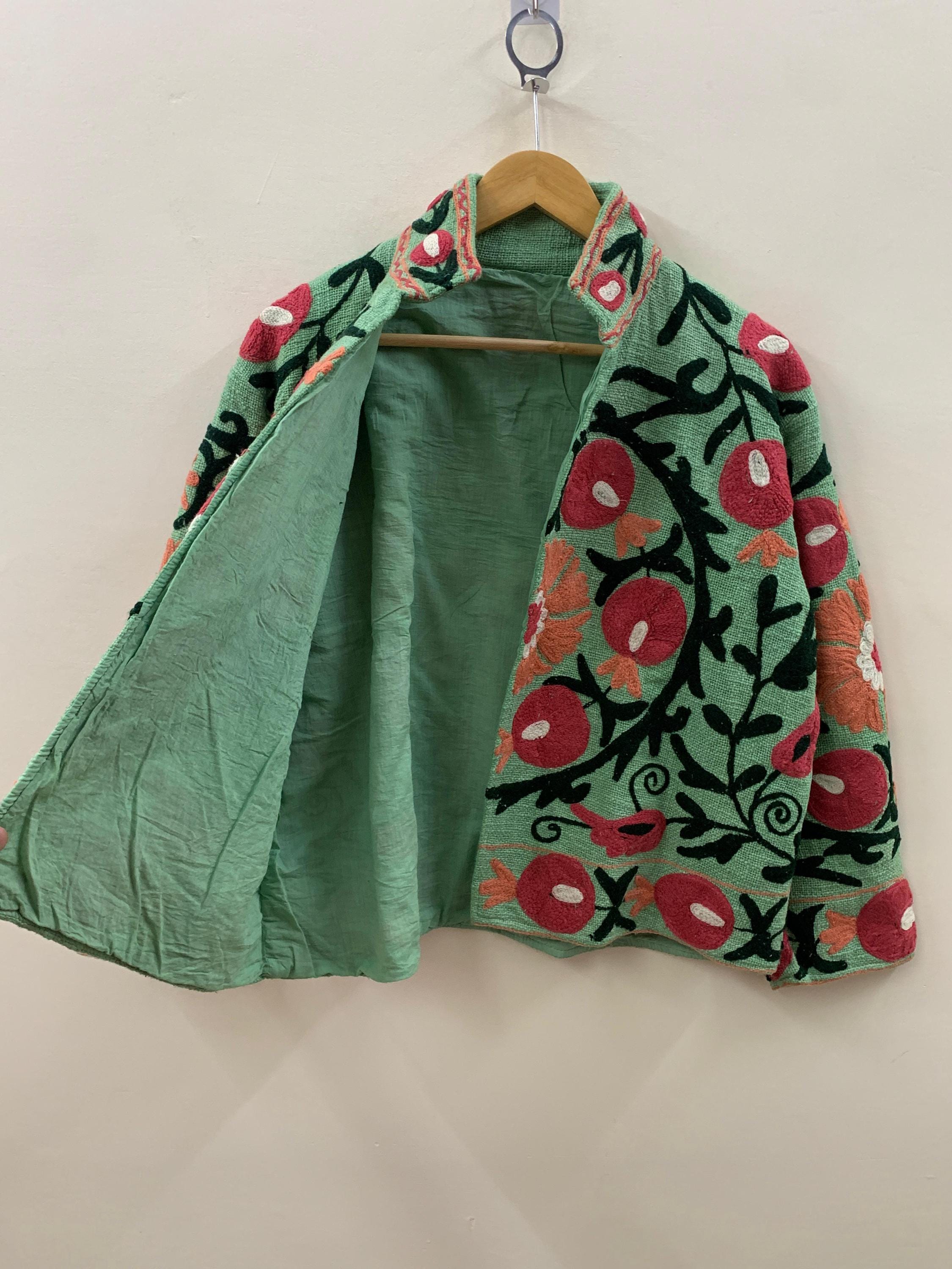 Green Suzani TNT Fabric Short Boho Jacket | Long Sleeve Button Winter Coat | Short Jacket | Spring Bomber Jacket | Gift For Her | TNT Coat