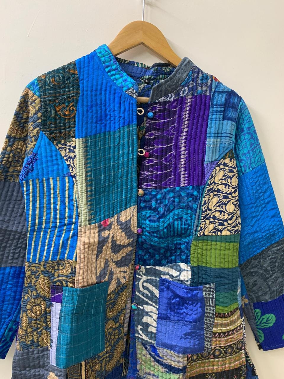 Boho Reversible Silk Patchwork Jacket | Kantha Blazer | Buttoned Quilted Coat |Handmade Vintage Fabric Jacket |Bohemian Outerwear |Gift idea