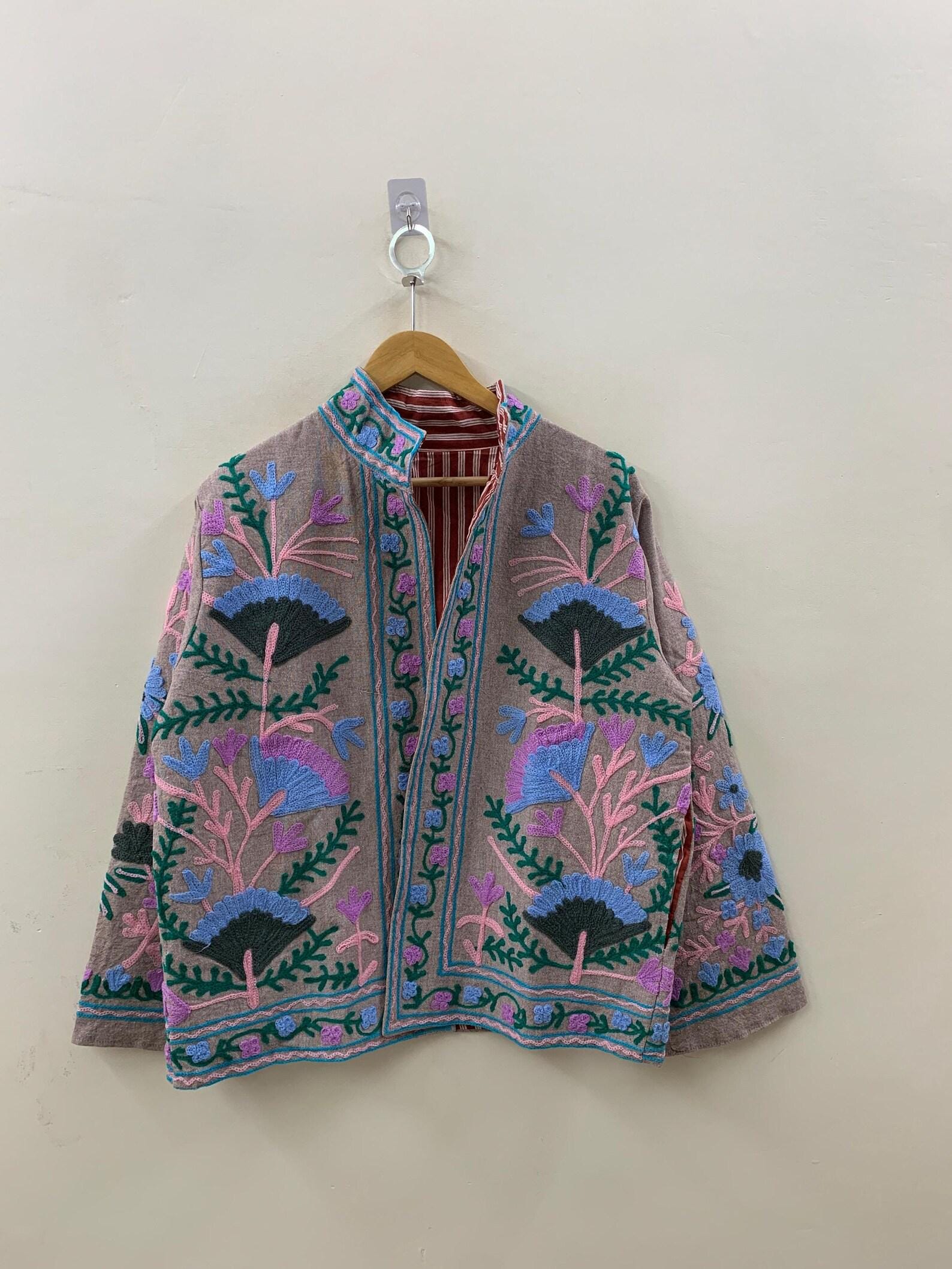 Suzani Embroidered Velvet Winter Jacket | Handmade Short Festival Coat | Ethnic Bohemian Outerwear | Winter Kimono Jacket | Gift For Wife