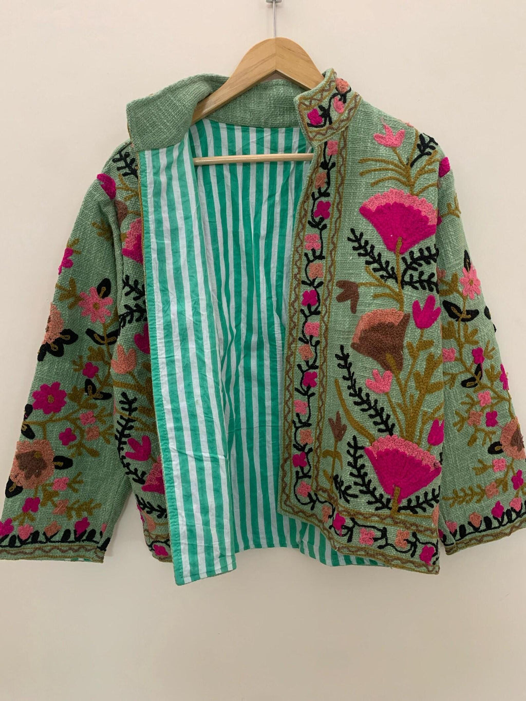 Green TNT Fabric Suzani Embroidery Quilted Jacket, Winter Wear Duster Jacket, Women's Coat