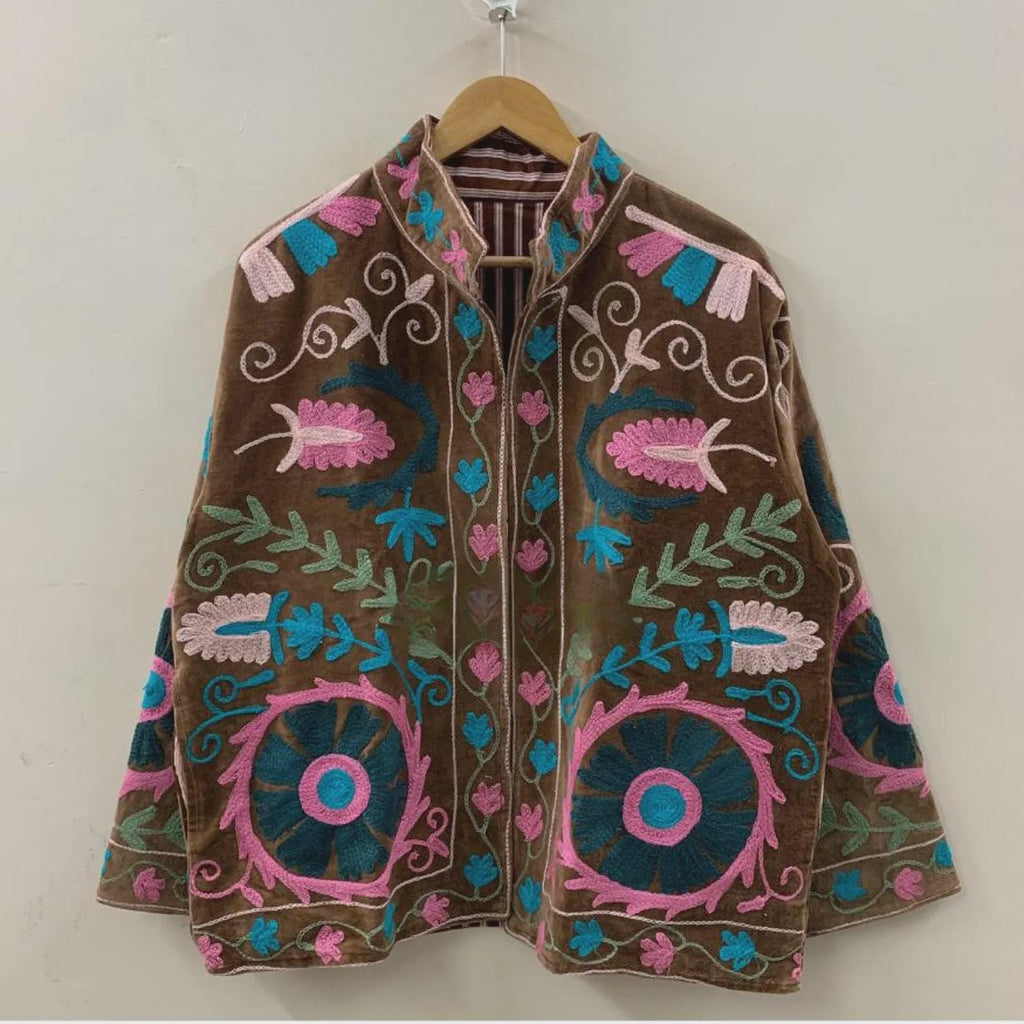 Brown Hand Embroidered Suzani Jacket | Velvet Kimono Jacket | Bohemian Winter Coat | Unisex Jacket | Vintage Style Outerwear |Gift for Women