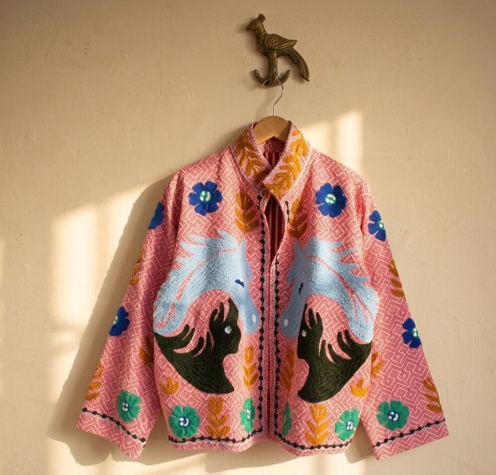 Handmade Suzani Horse Embroidery Cotton Jacket |Warm Winter Coat | Kimono Style Jacket | Gift For Her | Festival Outfit |Artisanal Outerwear