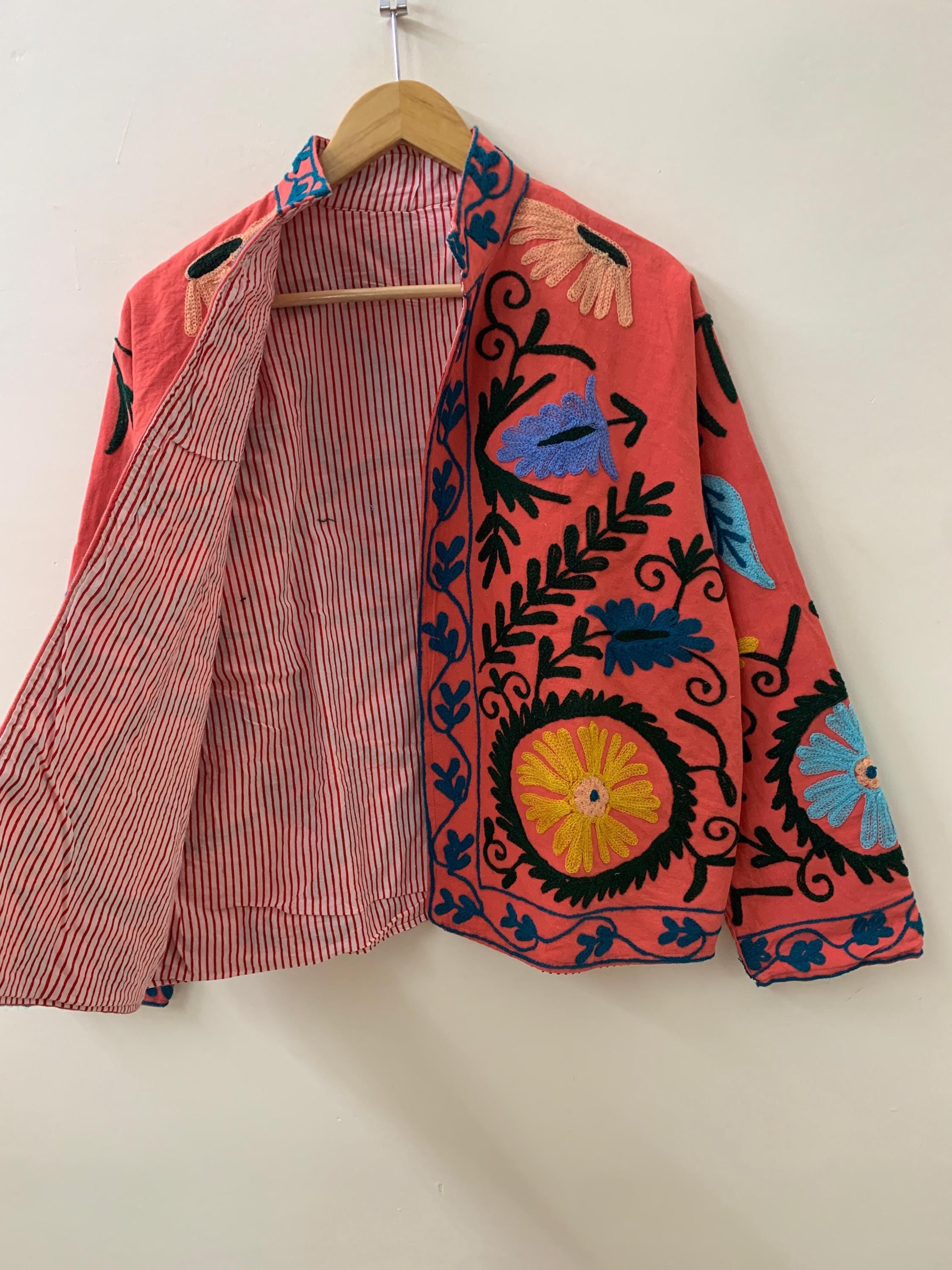 Soft Suzani Embroidered Cotton Short Jacket | Spring Duster Jacket | Suzani Bomber Coat | Vintage Style Winter Boho Jacket | Gift For Her
