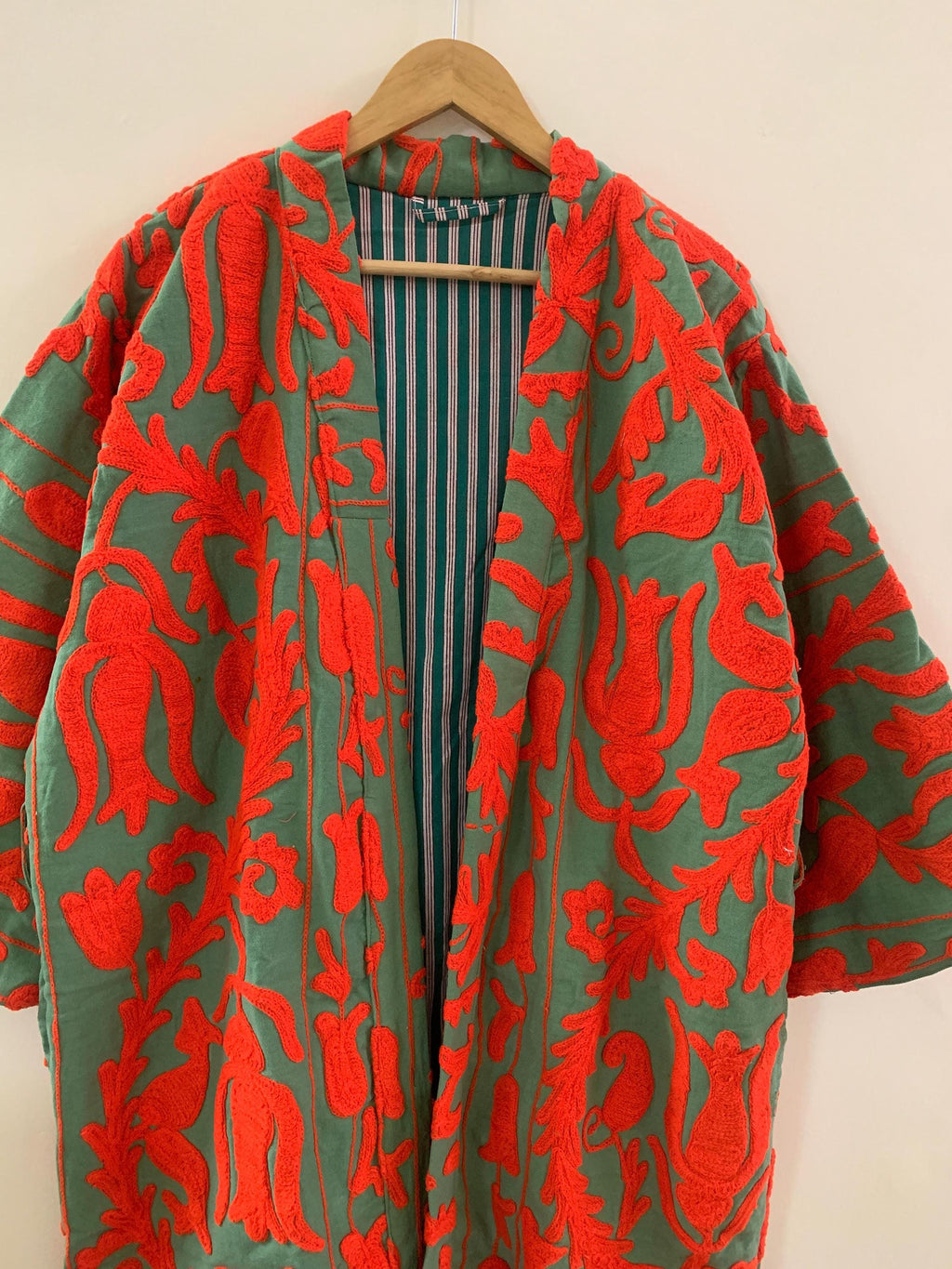 Vintage Canvas Cotton Kimono Summer Long Jacket | Hand Embroidered Robe | Boho Clothing | Statement Kimono | Dressing Gown | Gift For Wife