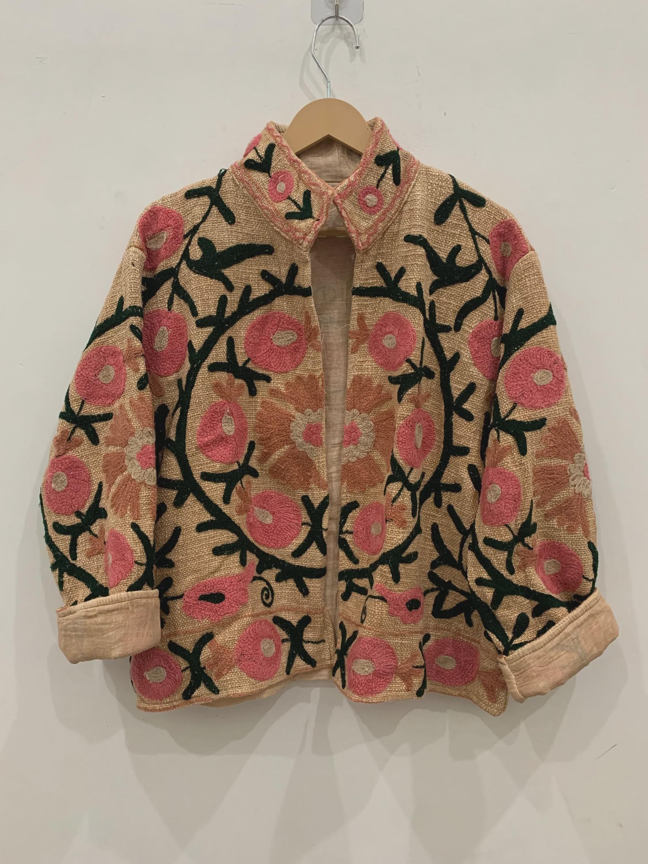 TNT Fabric Suzani Short Jacket | Embroidered Boho Jacket | Vintage Uzbek Textile | Floral Bomber Coat | Bohemian Outerwear | Gift For Her