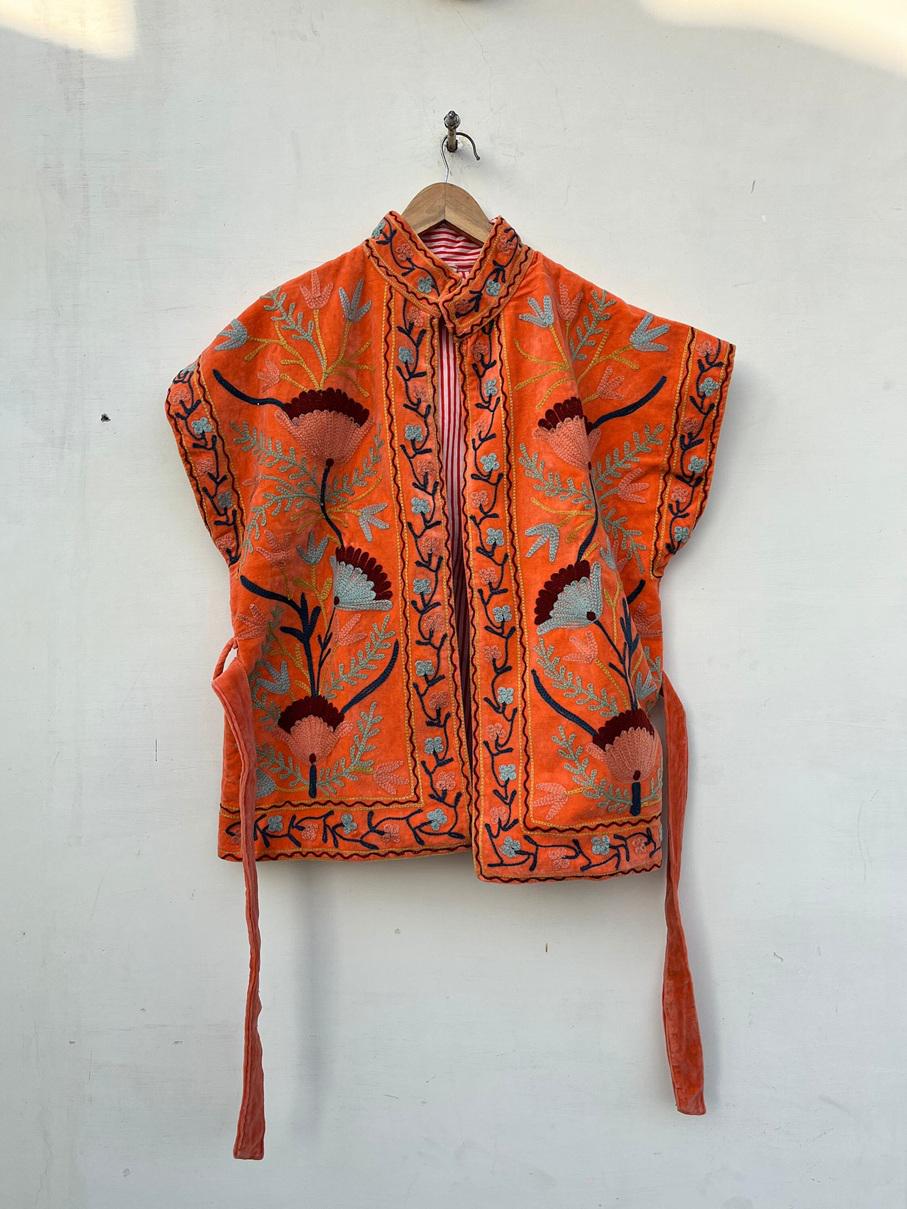 Orange Velvet Suzani Embroidered Vest | Boho Festival Floral Waistcoat | Handmade Ethnic Jacket | Sleeveless Bohemian Layer | Gift for Her