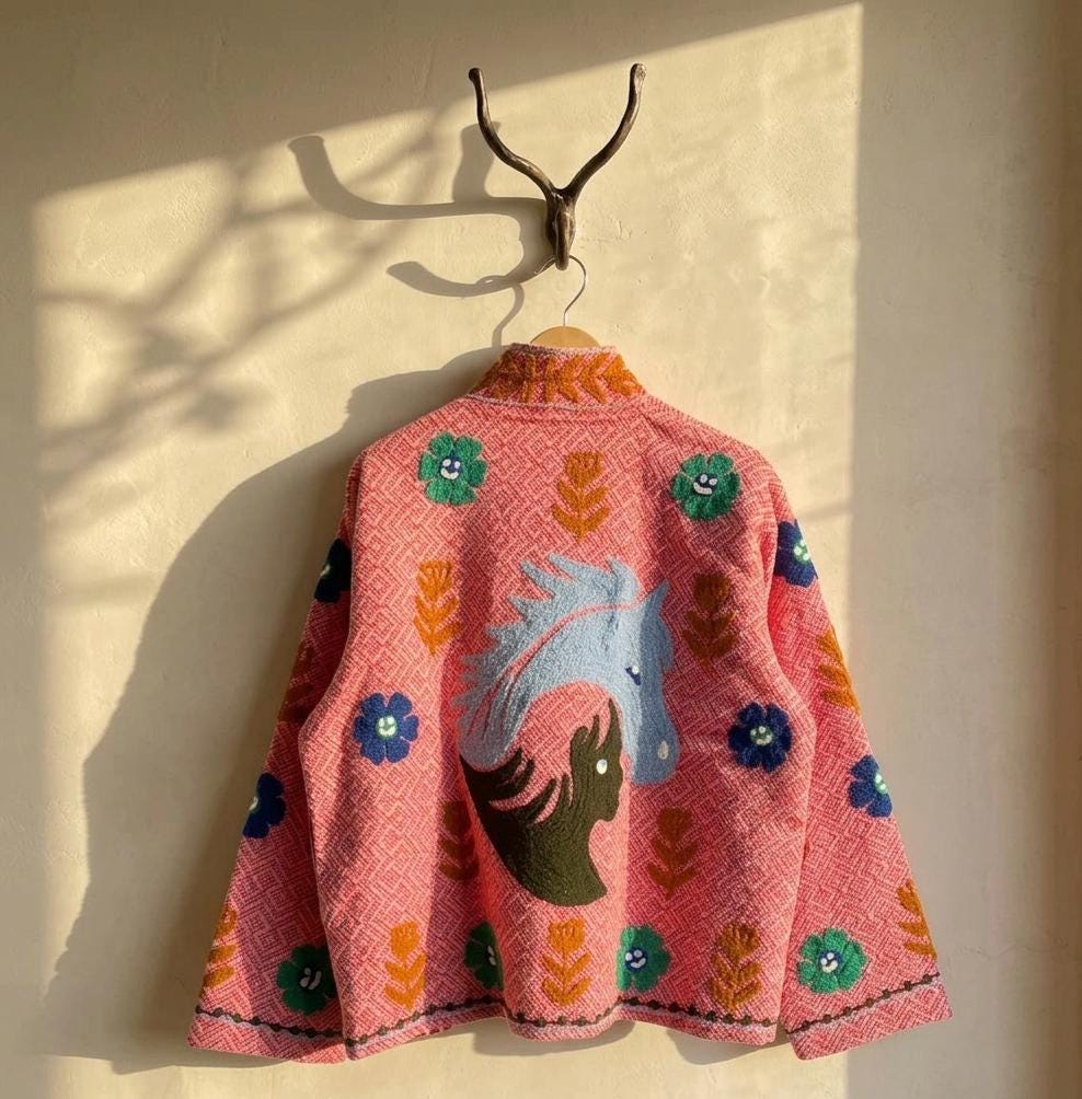 Handmade Suzani Horse Embroidery Cotton Jacket |Warm Winter Coat | Kimono Style Jacket | Gift For Her | Festival Outfit |Artisanal Outerwear