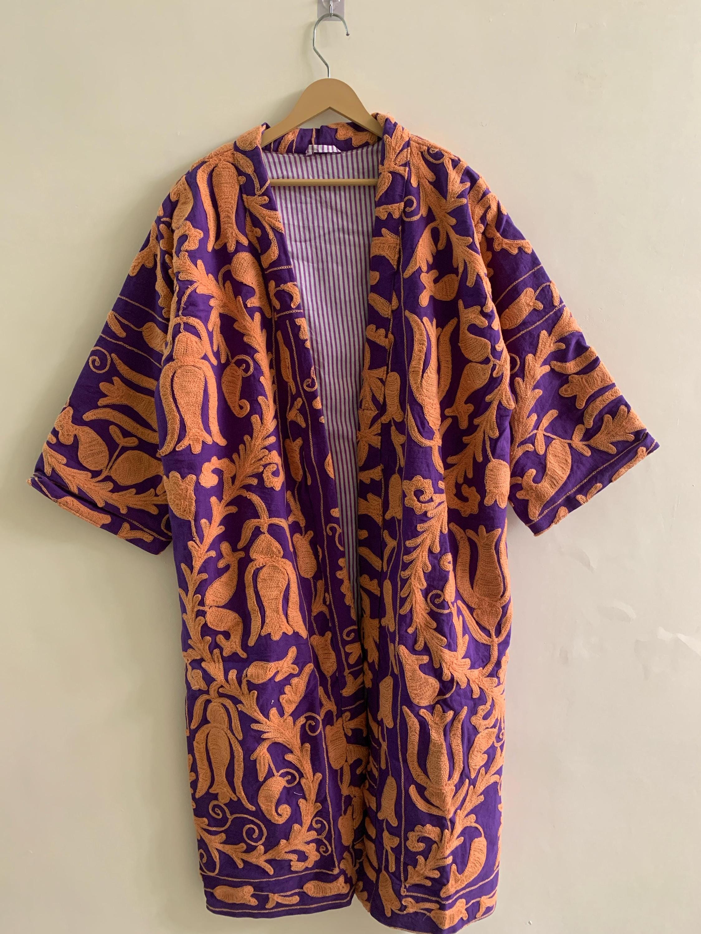 Purple Embroidered Unisex Kimono | Japanese Kimono Jacket | Purple Cotton Canvas Robe | Handmade Boho Duster | Beach Cover Up | Gift for Her