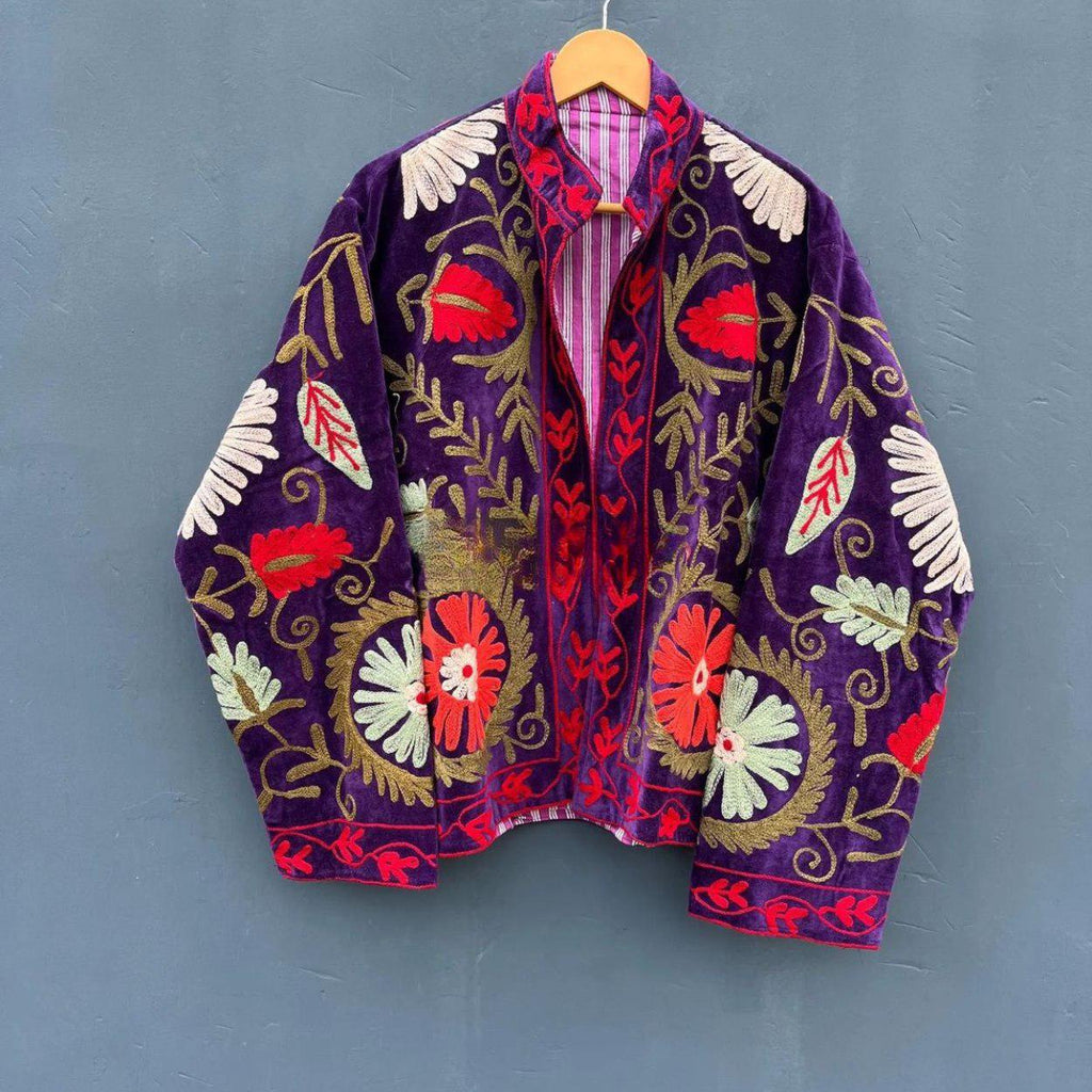 Vintage Suzani Embroidery Velvet Jacket | Boho Coat | Unisex Winter Jacket | Ethnic Chic Outerwear for Seasonal Outfits | Boho Gift For Her