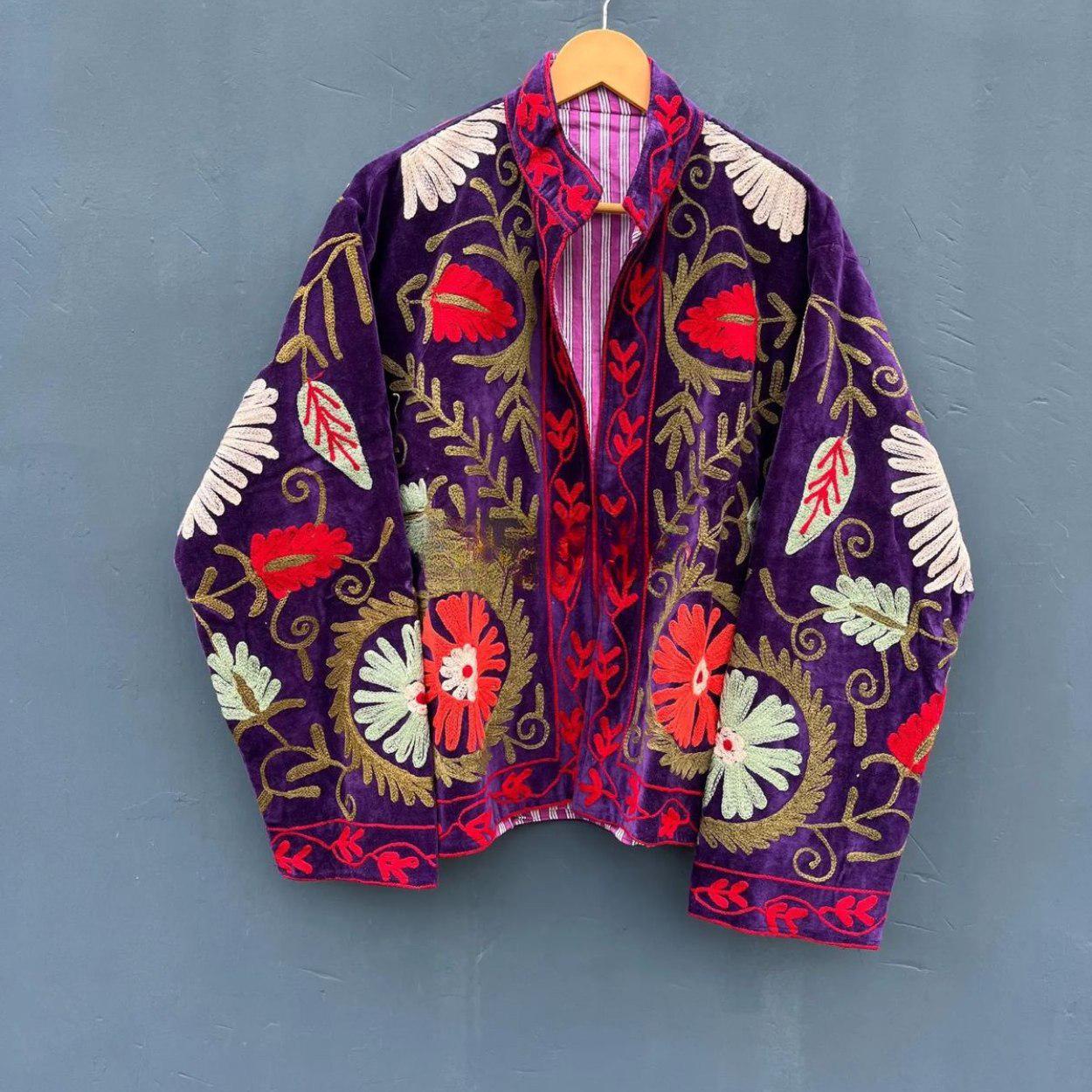 Vintage Suzani Embroidery Velvet Jacket | Boho Coat | Unisex Winter Jacket | Ethnic Chic Outerwear for Seasonal Outfits | Boho Gift For Her