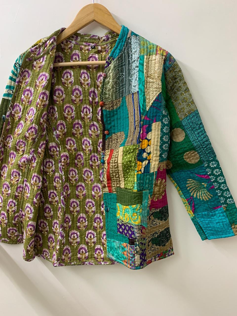 Reversible Silk Patchwork Kantha Jacket Blazer | Buttoned Boho Quilted Coat | Handmade Vintage Fabric Jacket | Bohemian Outerwear |Gift idea