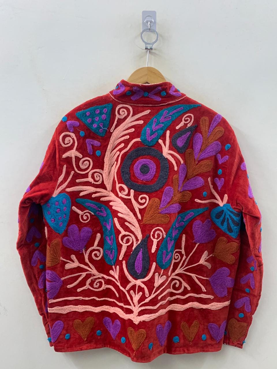 Red Handmade Floral Embroidery Velvet Jacket, Bohemian Suzani Coat, Gift For her