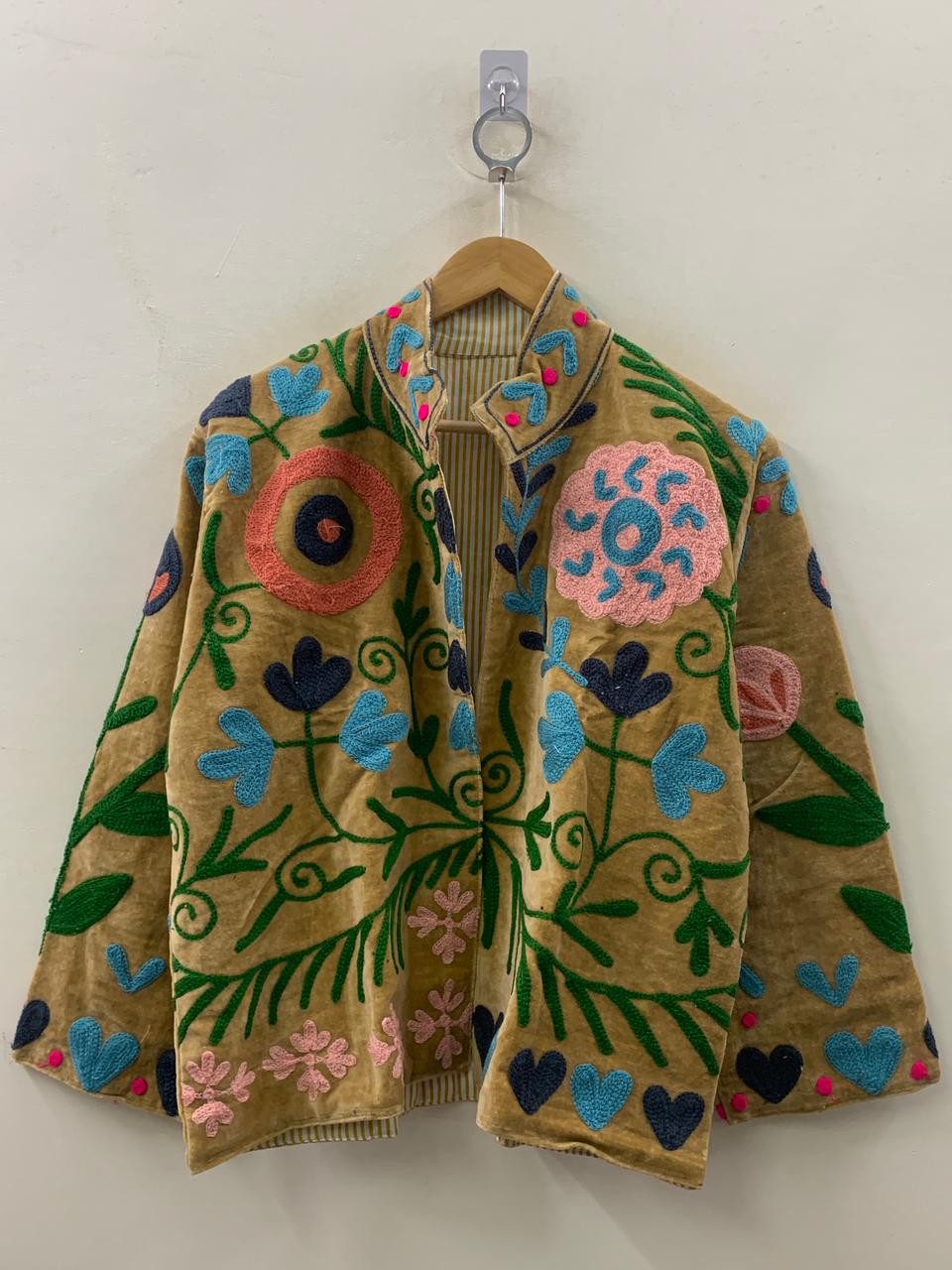 Mustard Handmade Velvet Suzani Jacket - Embroidered Boho Outerwear-Gift For her
