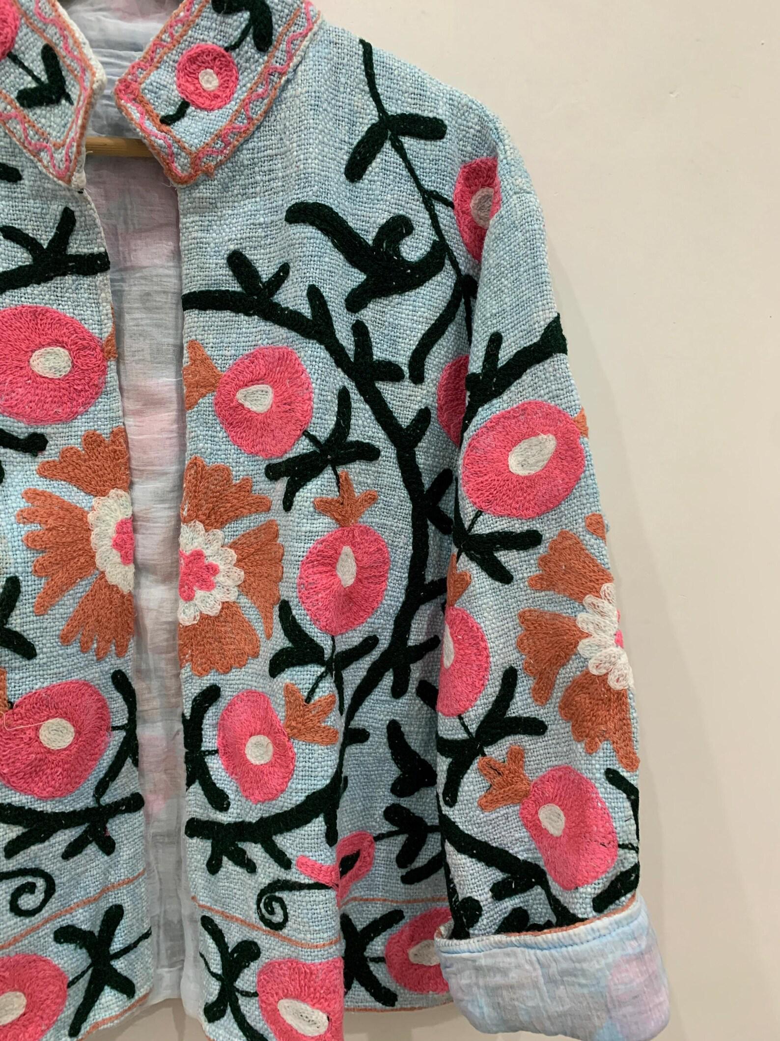 Floral TNT Fabric Suzani Short Jacket | Embroidered Boho Jacket | Vintage Uzbek Textile | Bomber Coat | Bohemian Outerwear | Gift For Her