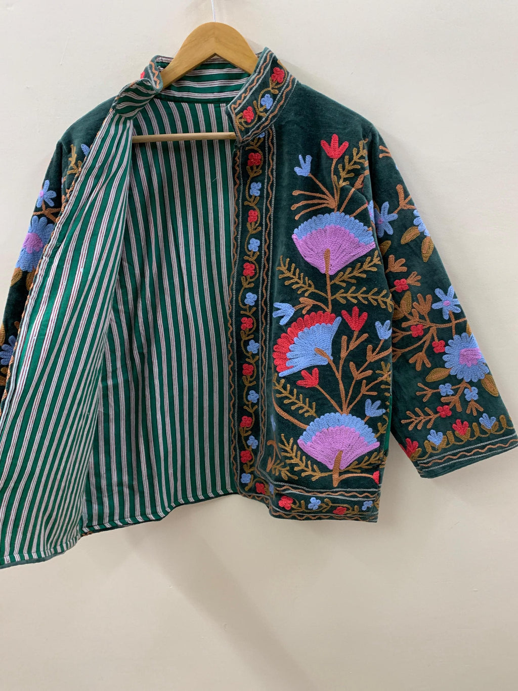 Green Suzani Embroidered Short Velvet Jacket |Festival Handmade Coat |Ethnic Artisan Outerwear | Bohemian Velvet Jacket for Women |Gift Idea