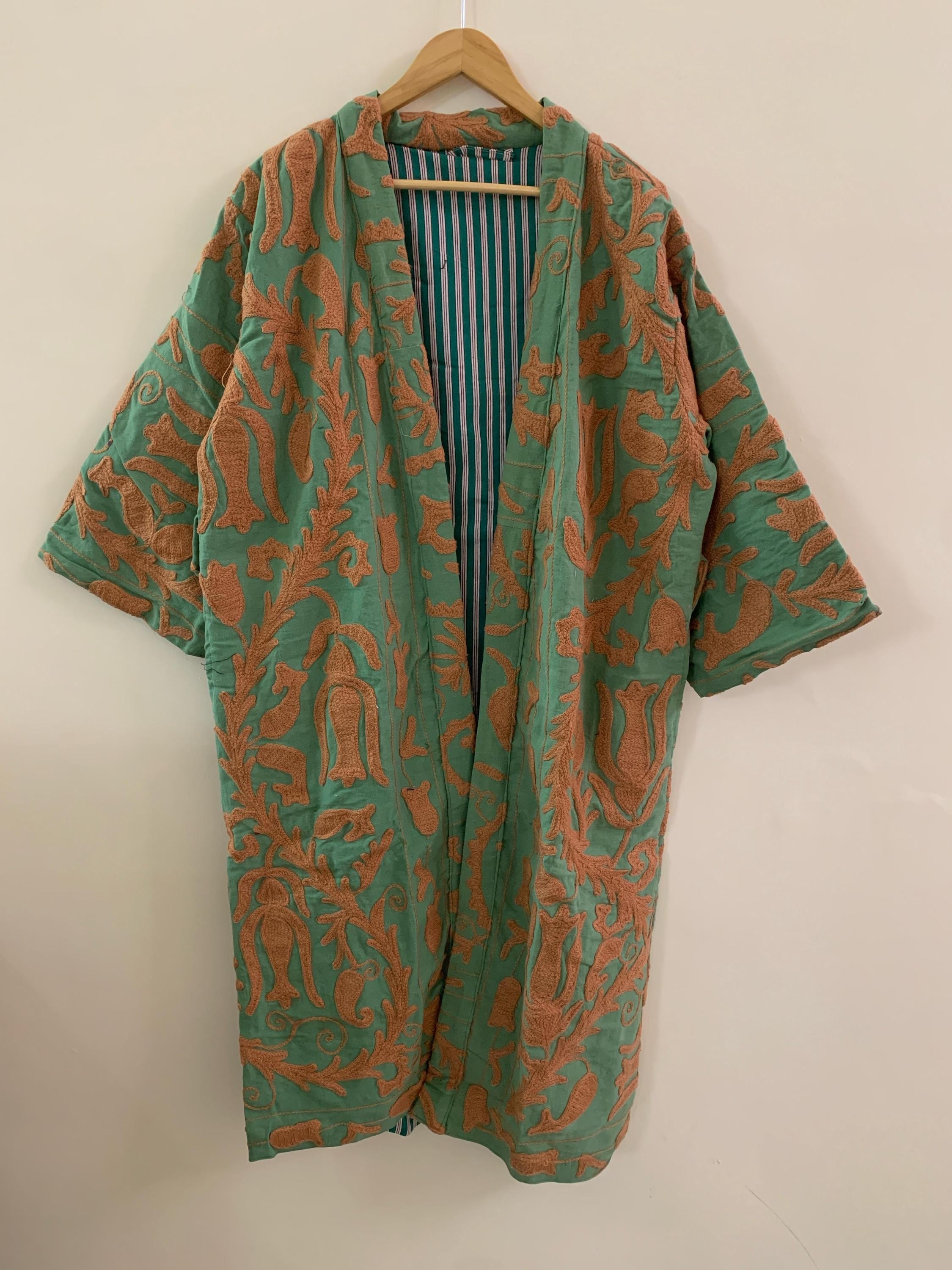 Mustard Canvas Cotton Kimono Summer Long Jacket | Hand Embroidered Robe | Boho Clothing | Statement Kimono | Dressing Gown | Gift For Wife