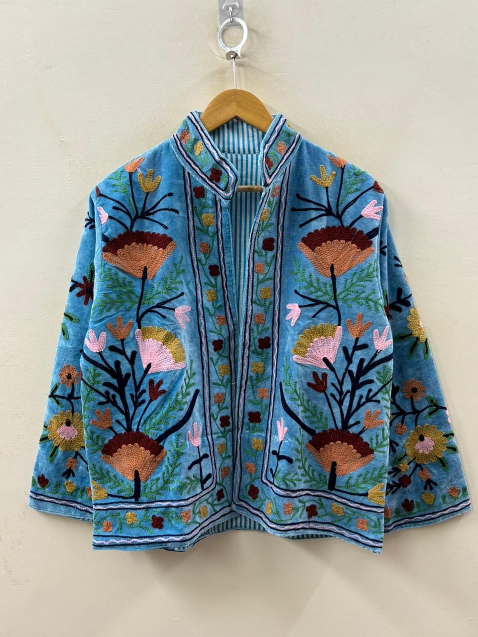 Blue Hand-Embroidered Suzani Velvet Jacket, Boho Festival Coat, Gift For Her