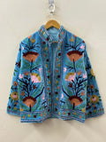 Blue Hand-Embroidered Suzani Velvet Jacket, Boho Festival Coat, Gift For Her