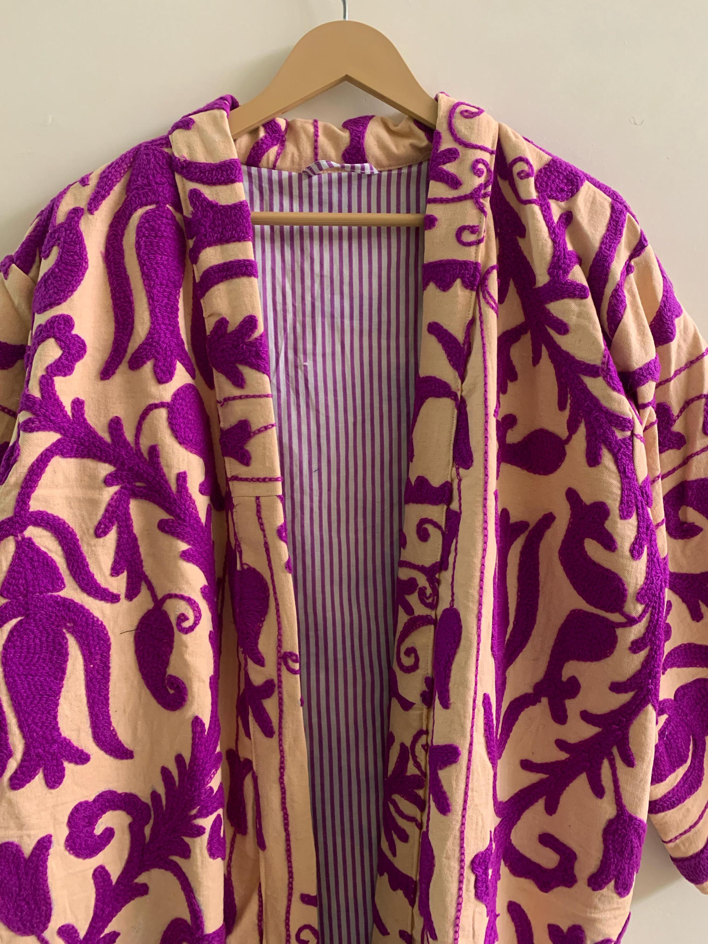 Handmade Embroidered Kimono | Unisex Boho Kimono Jacket | Purple Cotton Canvas Robe | Beach Cover Up | Festival Outfit | Resort Wear Kimono