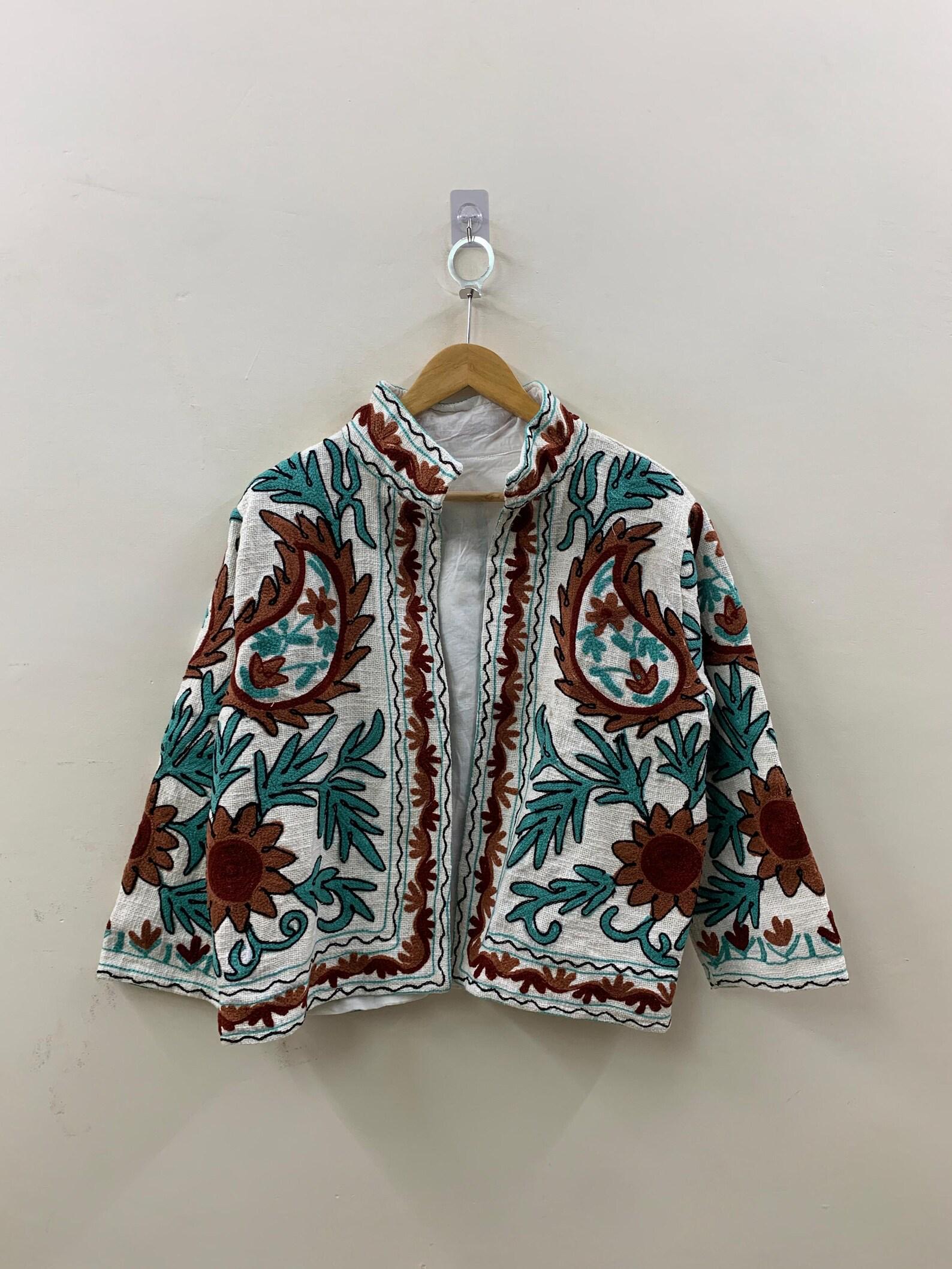 Embroidered Floral Suzani Jacket: Indian Handmade Short Coat | Festival Kimono Jacket |Warm Outerwear |Gift For Her