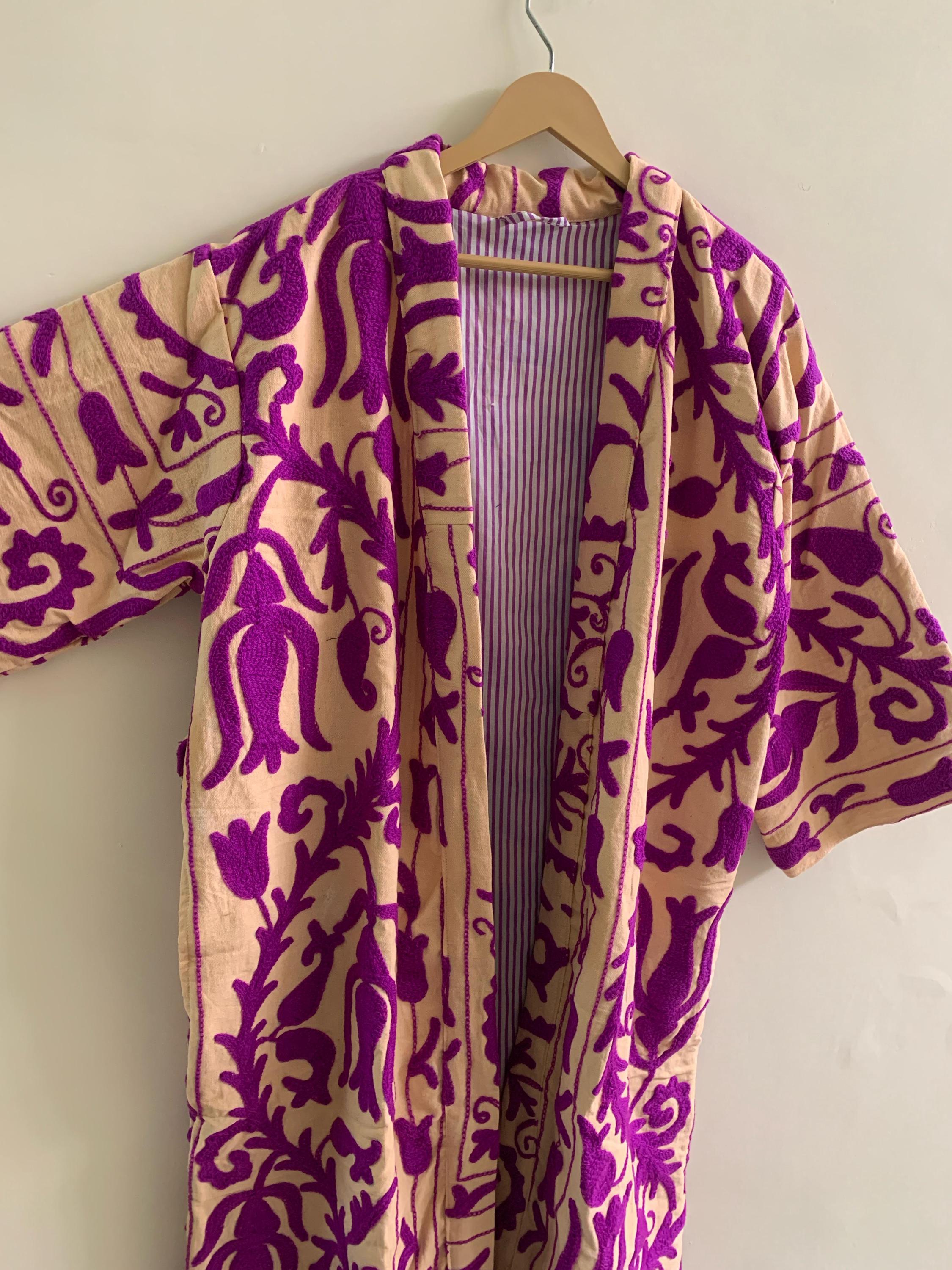 Handmade Embroidered Kimono | Unisex Boho Kimono Jacket | Purple Cotton Canvas Robe | Beach Cover Up | Festival Outfit | Resort Wear Kimono