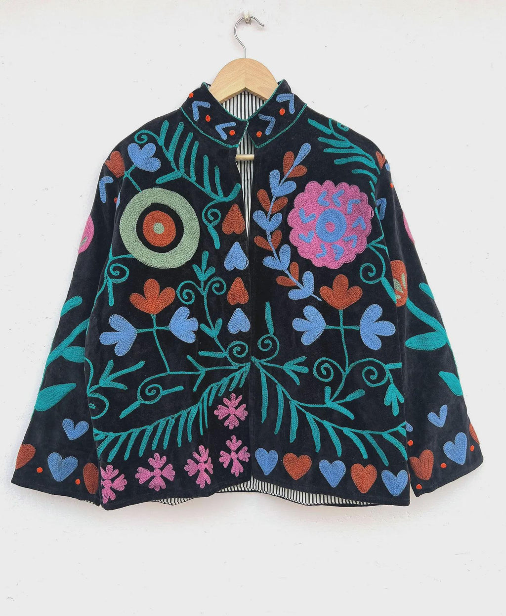 Suzani Embroidered Velvet Winter Jacket | Short Festival Coat | Ethnic Bohemian Outerwear | Winter Kimono Jacket | Gift For Wife