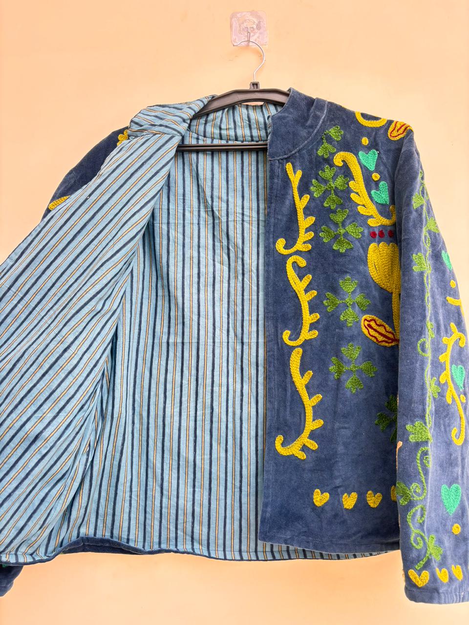 Suzani Embroidered Velvet Jacket | Short Festival Coat | Ethnic Bohemian Outerwear | Winter Kimono Jacket | Gift For Wife | Artisanal Jacket