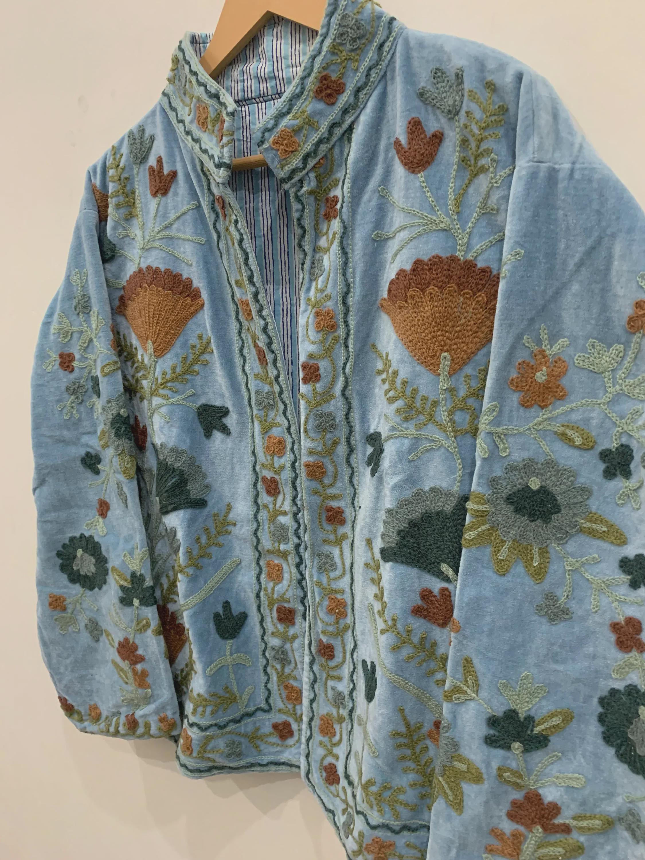 Women's Grey Velvet Suzani Embroidery Jacket | Suzani Duster Jacket | Winter Kimono Jacket | Bomber Coat, Robe, Gift For Her |Street Fashion