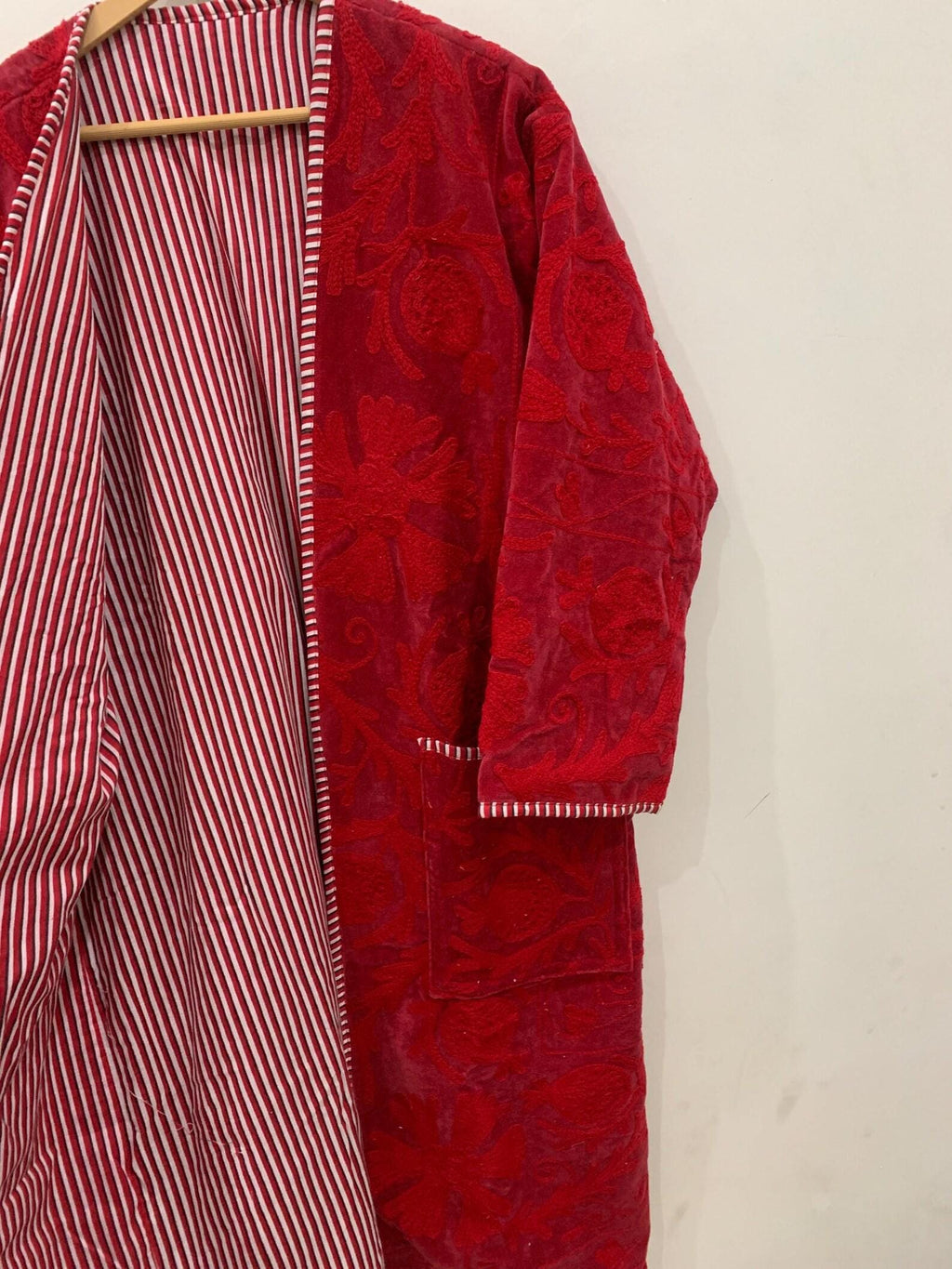 Red Long Suzani Kimono Robe | Boho Embroidered Duster | Vintage Uzbek Coat | Handmade Festival Kimono | Bohemian Robe Jacket | One of a Kind