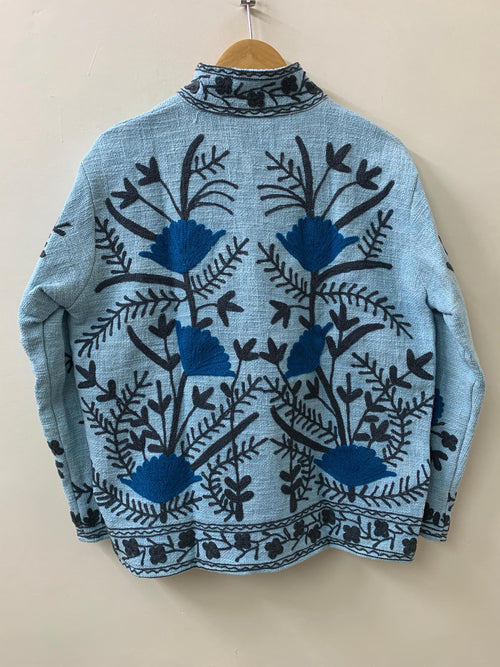 Blue Suzani TNT Fabric Short Boho Jacket | Long Sleeve Button Winter Coat | Short Jacket | Spring Bomber Jacket | Gift For Her | TNT Coat
