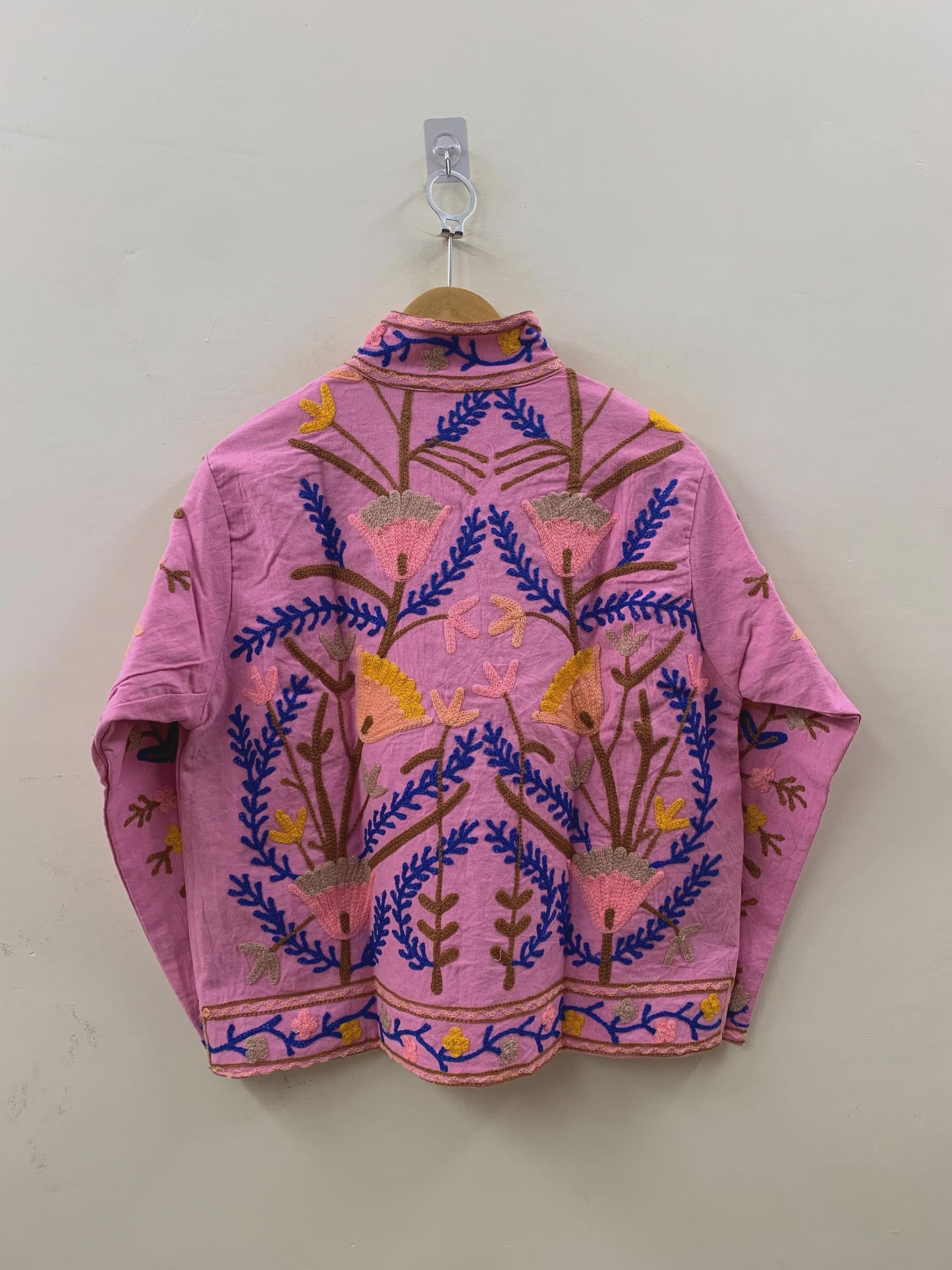 Pink Cotton Suzani Short Jacket | Handmade Embroidered Boho Coat | Floral Bohemian Festival Jacket | Ethnic Artisan Outerwear | Gift for Her