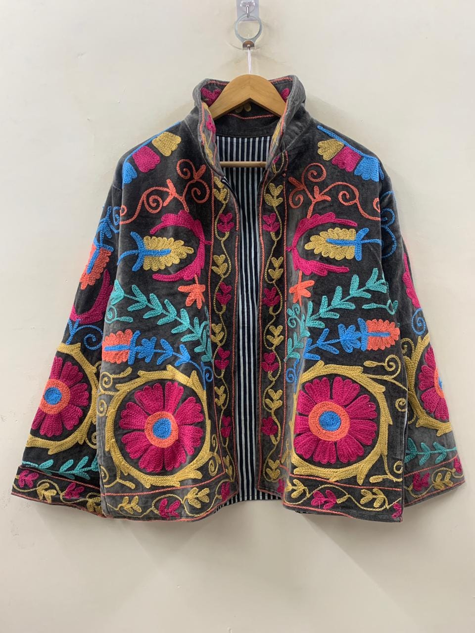 Boho Velvet Suzani Jacket | Hand Embroidered Ethnic Coat for Women | Vintage Bohemian Short Jacket | Winter Warm Kimono Coat | Gift for He