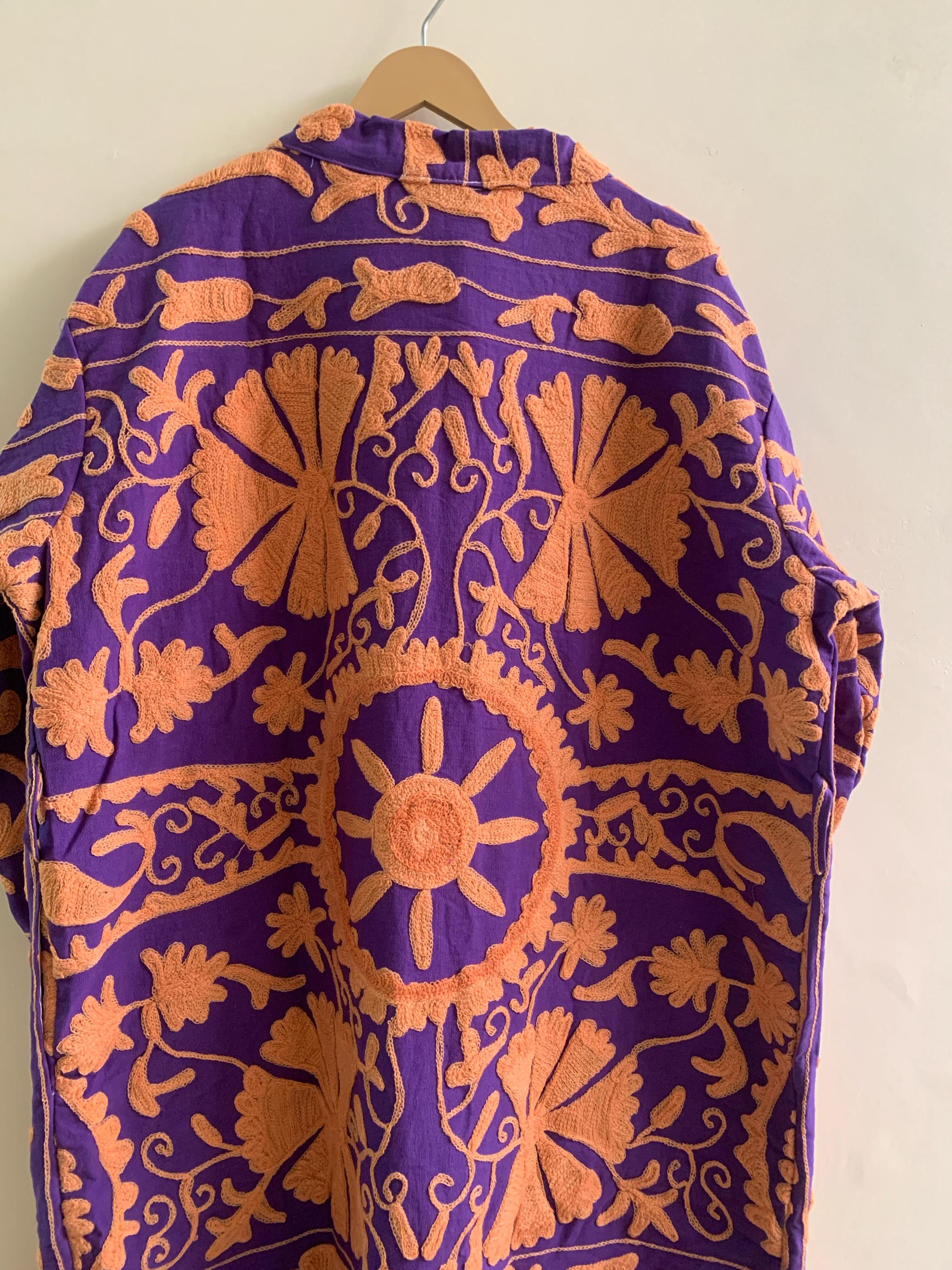 Embroidered Unisex Kimono |Japanese Inspired Kimono Jacket | Purple Cotton Canvas Robe | Handmade Boho Duster |Beach Cover Up | Gift for Her