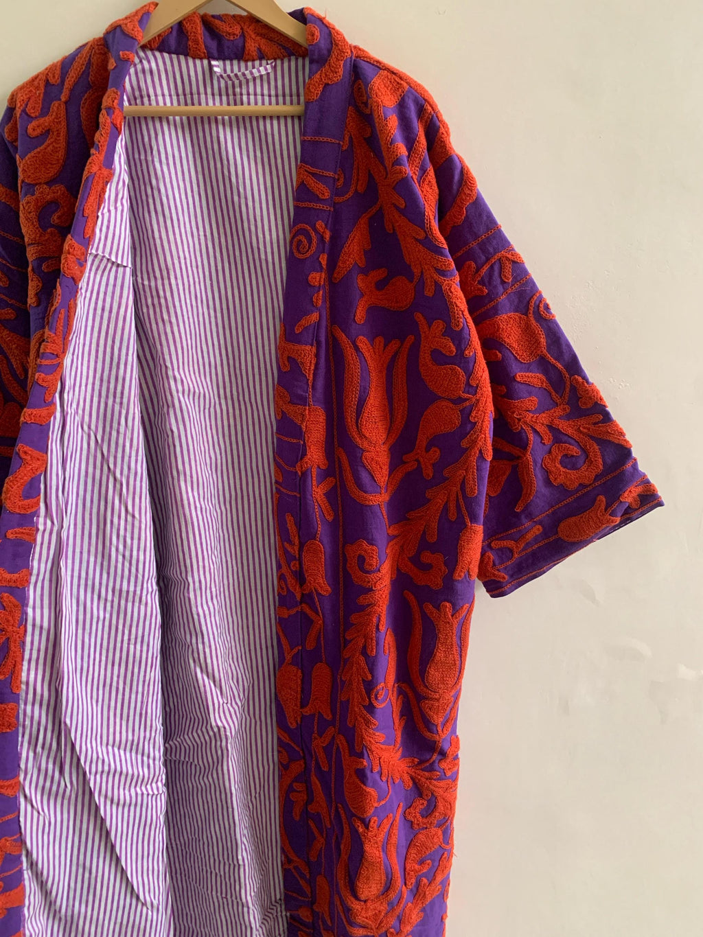 Embroidered Kimono | Unisex Kimono Jacket | Cotton Canvas Robe | Beach Cover Up | Gift for Her| Purple & Red Festival Jacket | Gift For Her