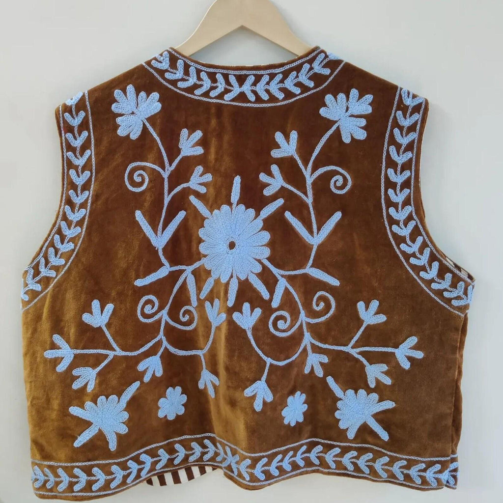 Suzani Velvet Vest – Hand-Embroidered Floral Sleeveless Jacket|Vintage-Inspired Boho Festival Waistcoat | Bohemian Layer |Ethnic Gypsy Vest