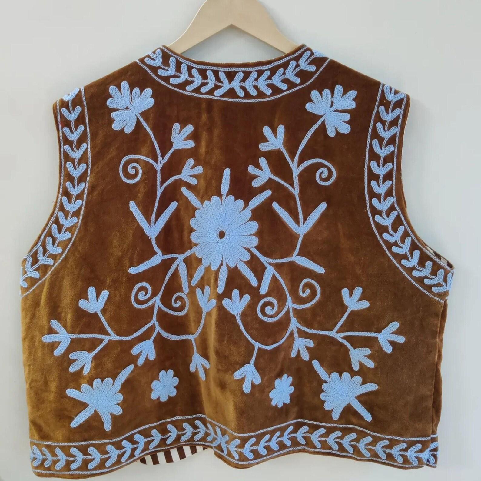 Suzani Velvet Vest – Hand-Embroidered Floral Sleeveless Jacket|Vintage-Inspired Boho Festival Waistcoat | Bohemian Layer |Ethnic Gypsy Vest