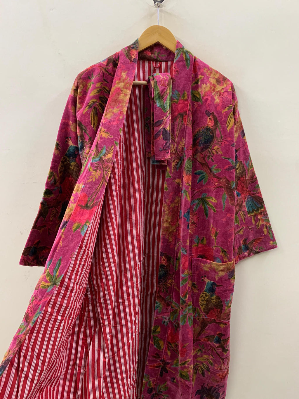 Pink Floral Print Velvet Kimono Robe | Bold Animal Print Loungewear | Soft Boho Dressing Gown with Belt |Statement Kimono Jacket| Glam Robe