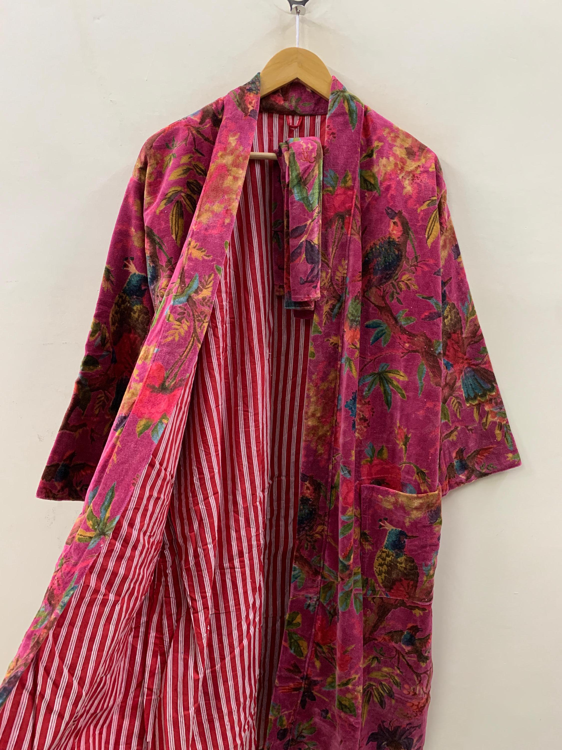 Pink Floral Print Velvet Kimono Robe | Bold Animal Print Loungewear | Soft Boho Dressing Gown with Belt |Statement Kimono Jacket| Glam Robe