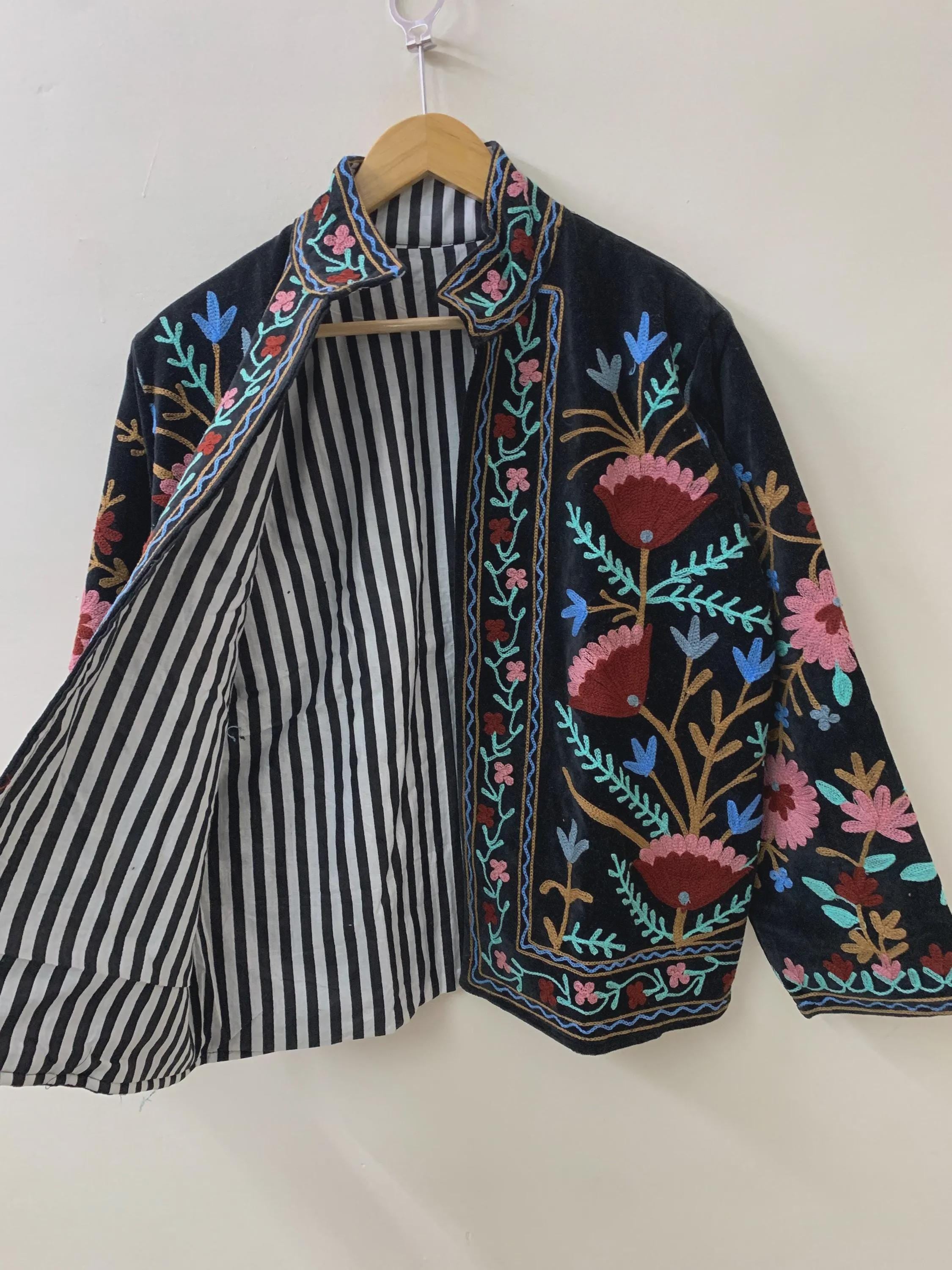 Boho Ethnic Suzani Velvet Cropped Winter Jacket | Traditional Boho Festival Coat | Handmade Embroidered Kimono Outerwear | Gift for Her