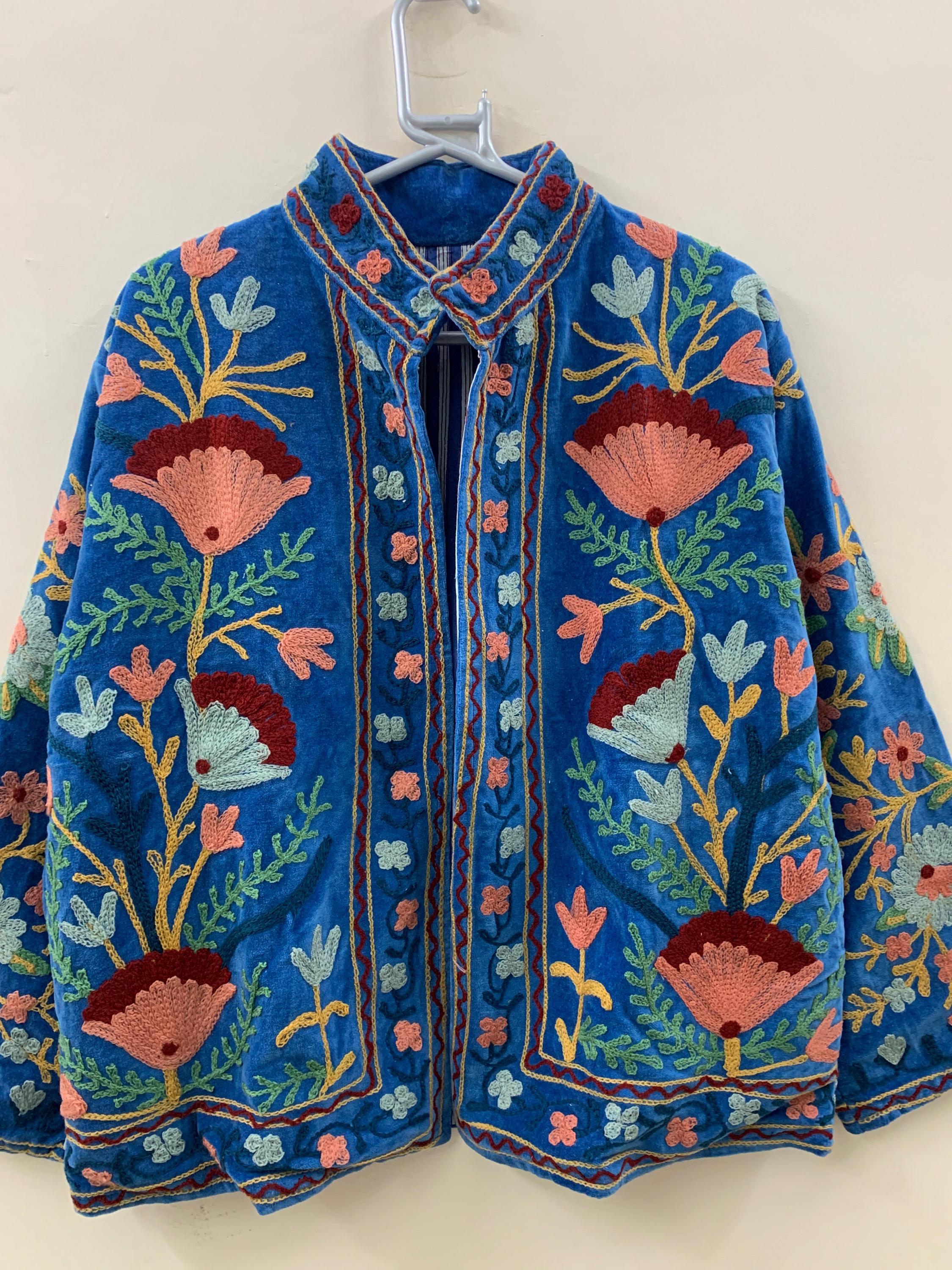 Suzani Embroidery Velvet Jacket Long Oversized | Traditional Boho Coat | Winter Outerwear | Ethnic Handmade Clothing | Gift for Her