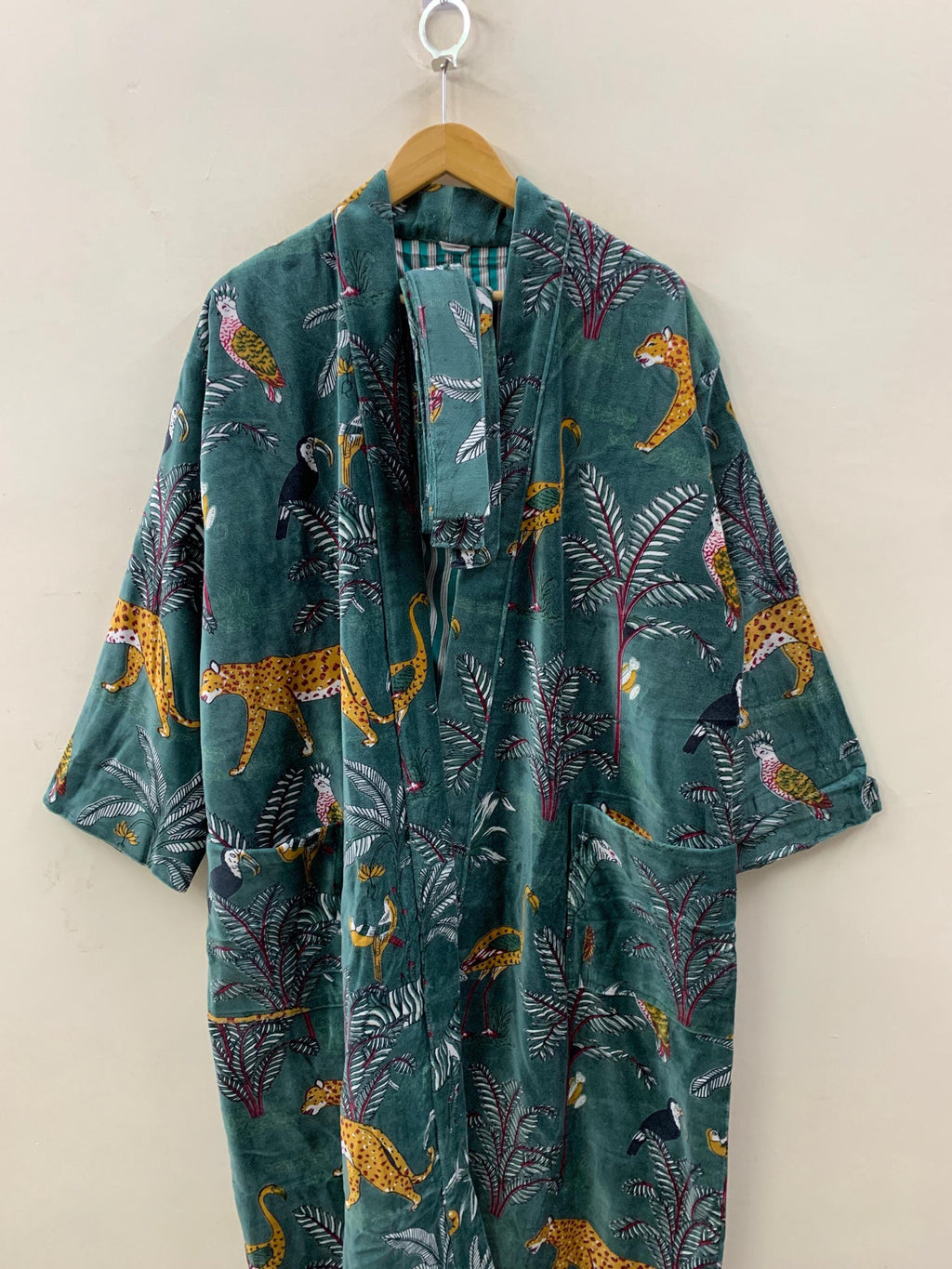 Green Jungle Velvet Winter Kimono Robe | Tropical Animal Print Loungewear | Cheetah & Bird Pattern | Cozy Winter Boho Robe | Gift for Her