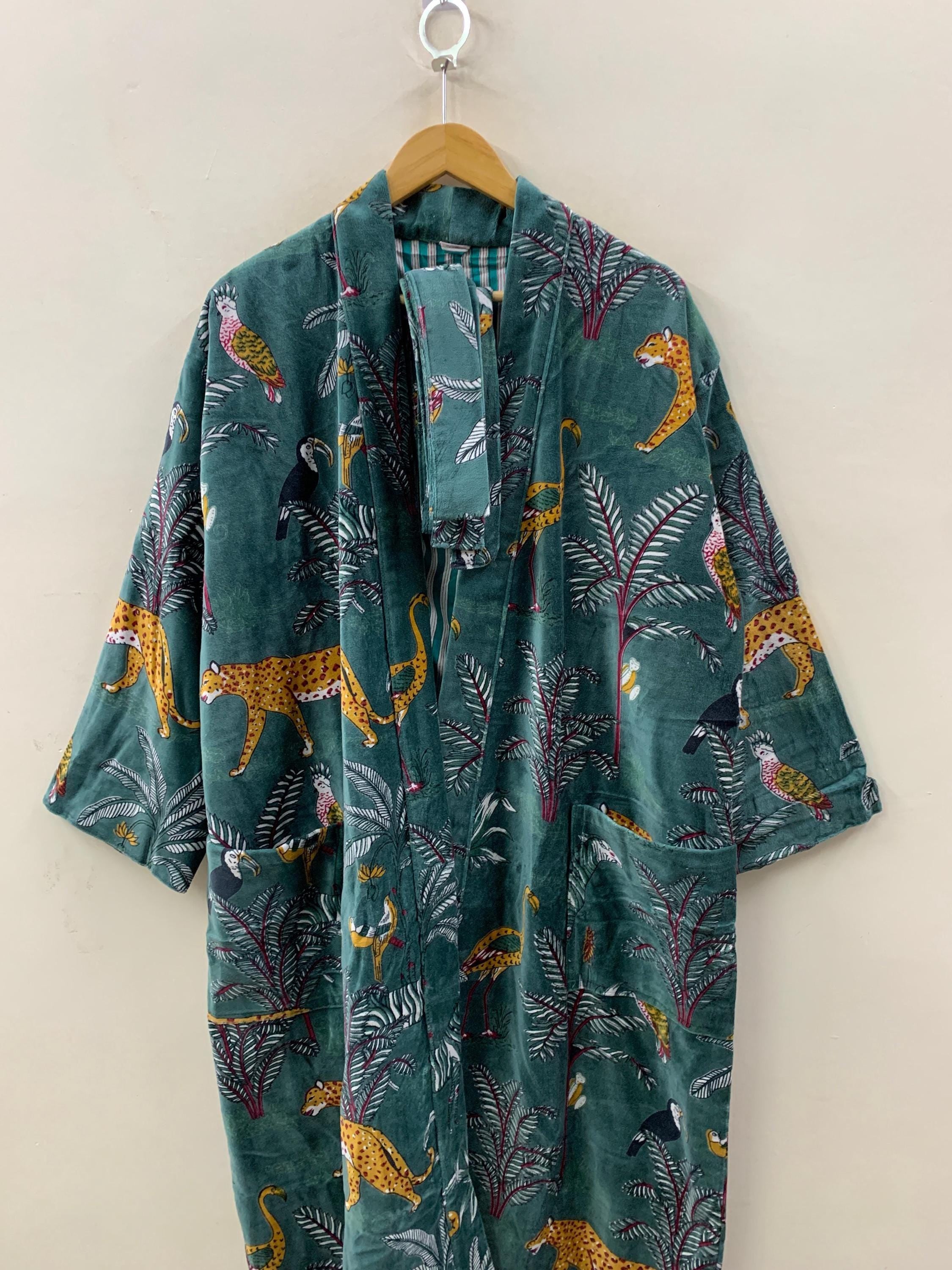 Green Jungle Velvet Winter Kimono Robe | Tropical Animal Print Loungewear | Cheetah & Bird Pattern | Cozy Winter Boho Robe | Gift for Her