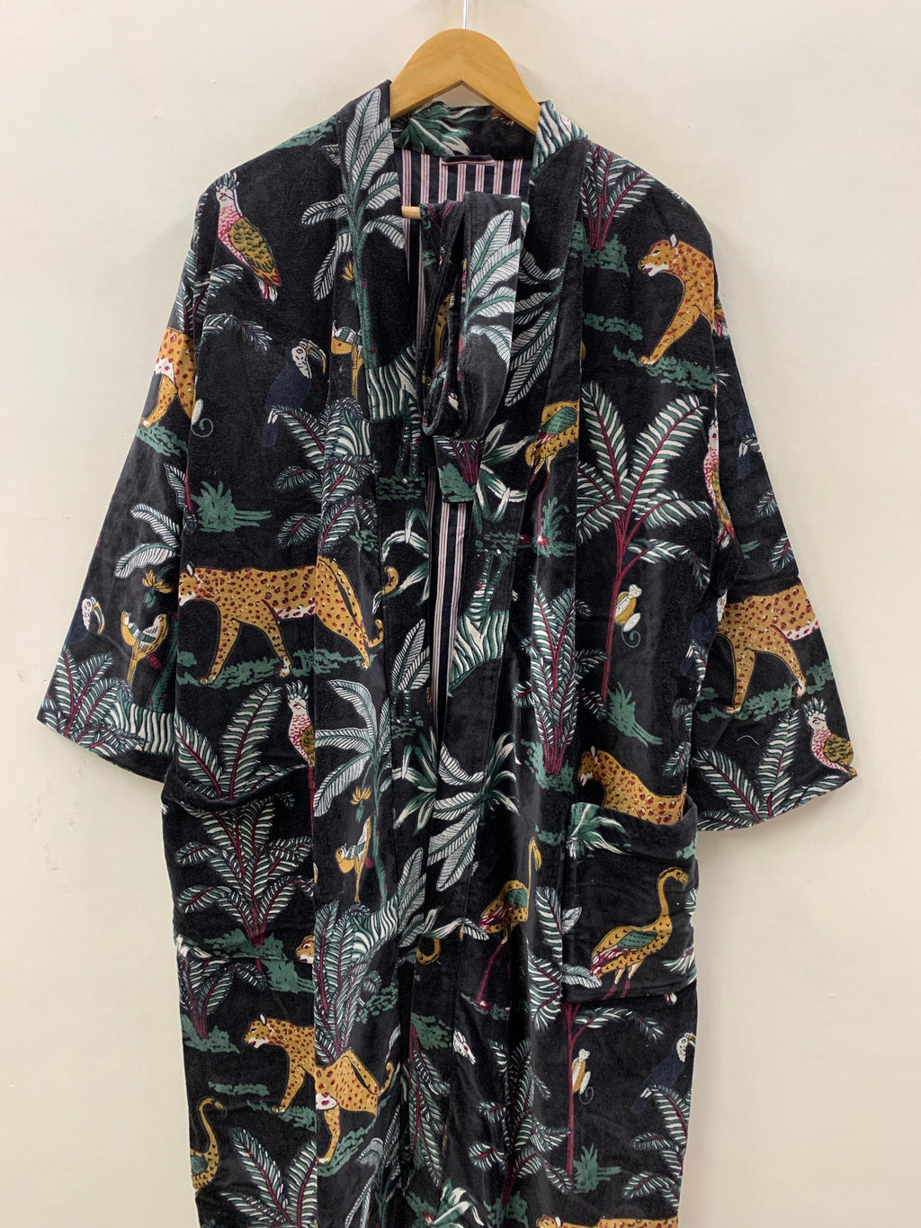 Jungle Print Velvet Kimono | Black Safari Loungewear |Cheetah & Tropical Animal Print Robe |Unisex Boho Kimono Jacket |Statement Resort Wear