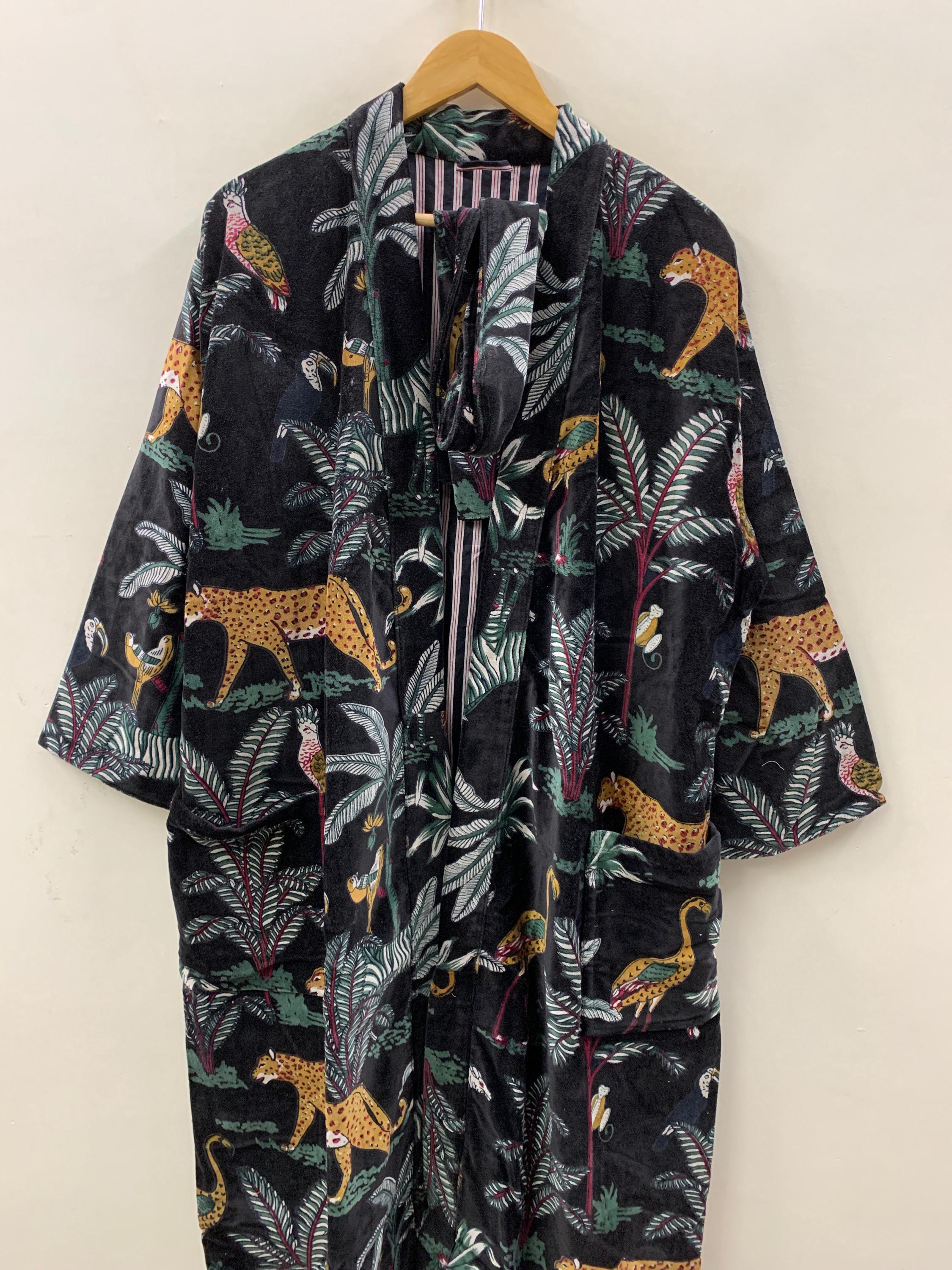 Jungle Print Velvet Kimono | Black Safari Loungewear |Cheetah & Tropical Animal Print Robe |Unisex Boho Kimono Jacket |Statement Resort Wear