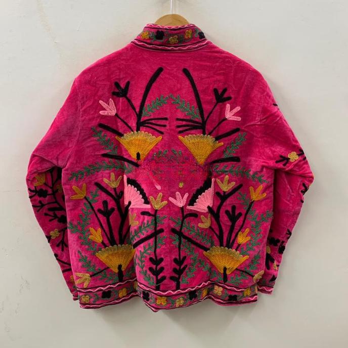 Pink Bohemian Suzani Velvet Jacket | Handmade Embroidered Coat | Traditional Floral Jacket | Ethnic Festival Outfit | Winter Wear Jacket