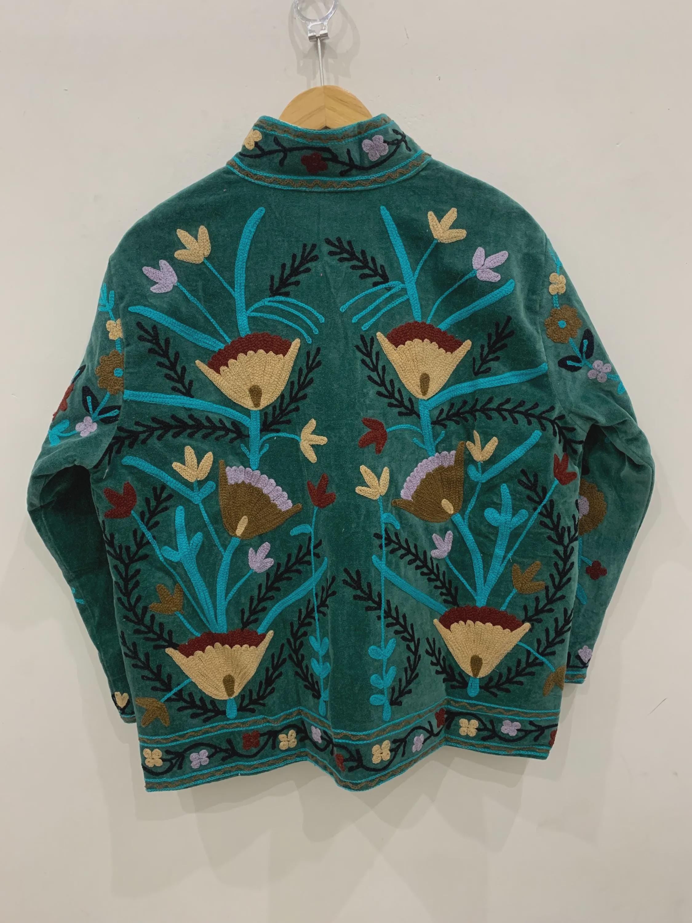 Green Velvet Suzani Embroidered Jacket | Partywear Tailored Jacket |Bomber Coat | Hippie Jacket | Style Coat | Gift For Her |Winter Coat