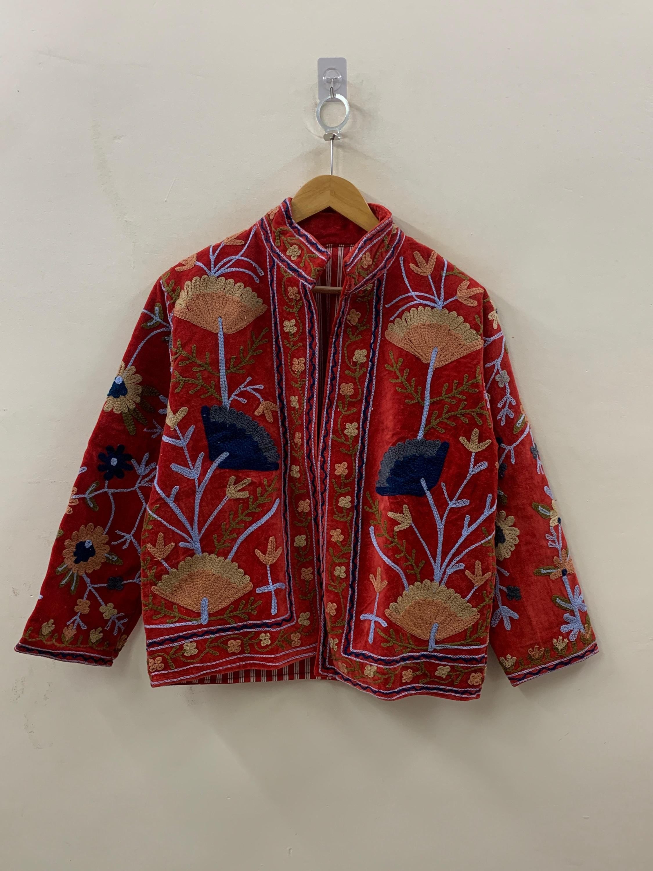 Red Velvet Suzani Hand Embroidered Jacket | Kimono Jacket | Winter Jacket | Unisex Coat | Vintage Jacket | Warm Outerwear | Gift for Her